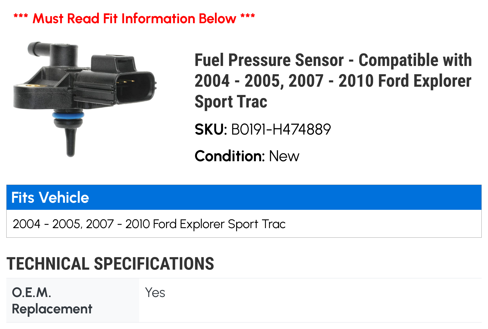Fuel Pressure Sensor - Compatible with 2004 - 2005, 2007 - 2010 Ford Explorer Sport Trac 2008 2009