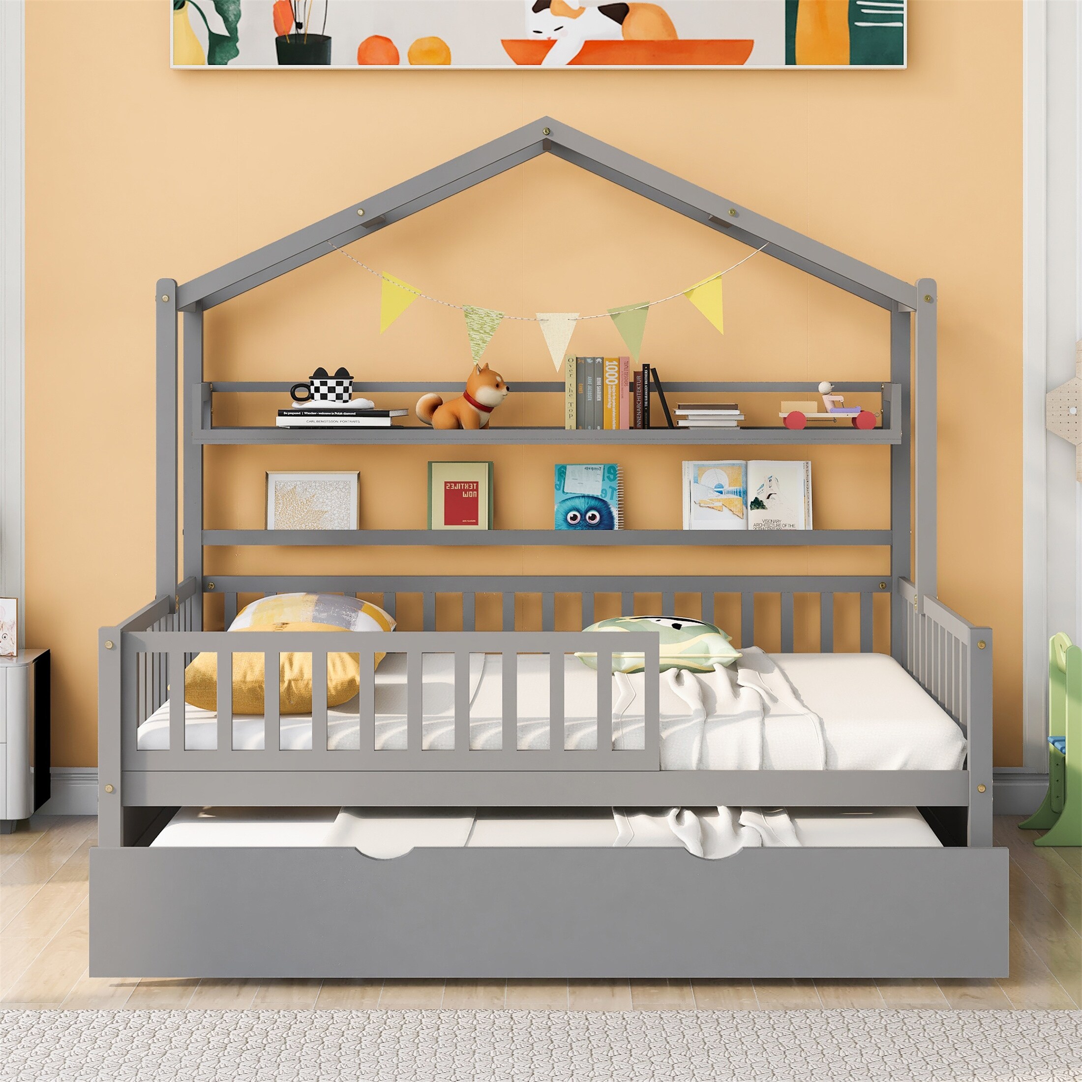 YJTONWIN Wooden Full Size House Bed with Twin Size Trundle Kids Bed with Shelf Grey