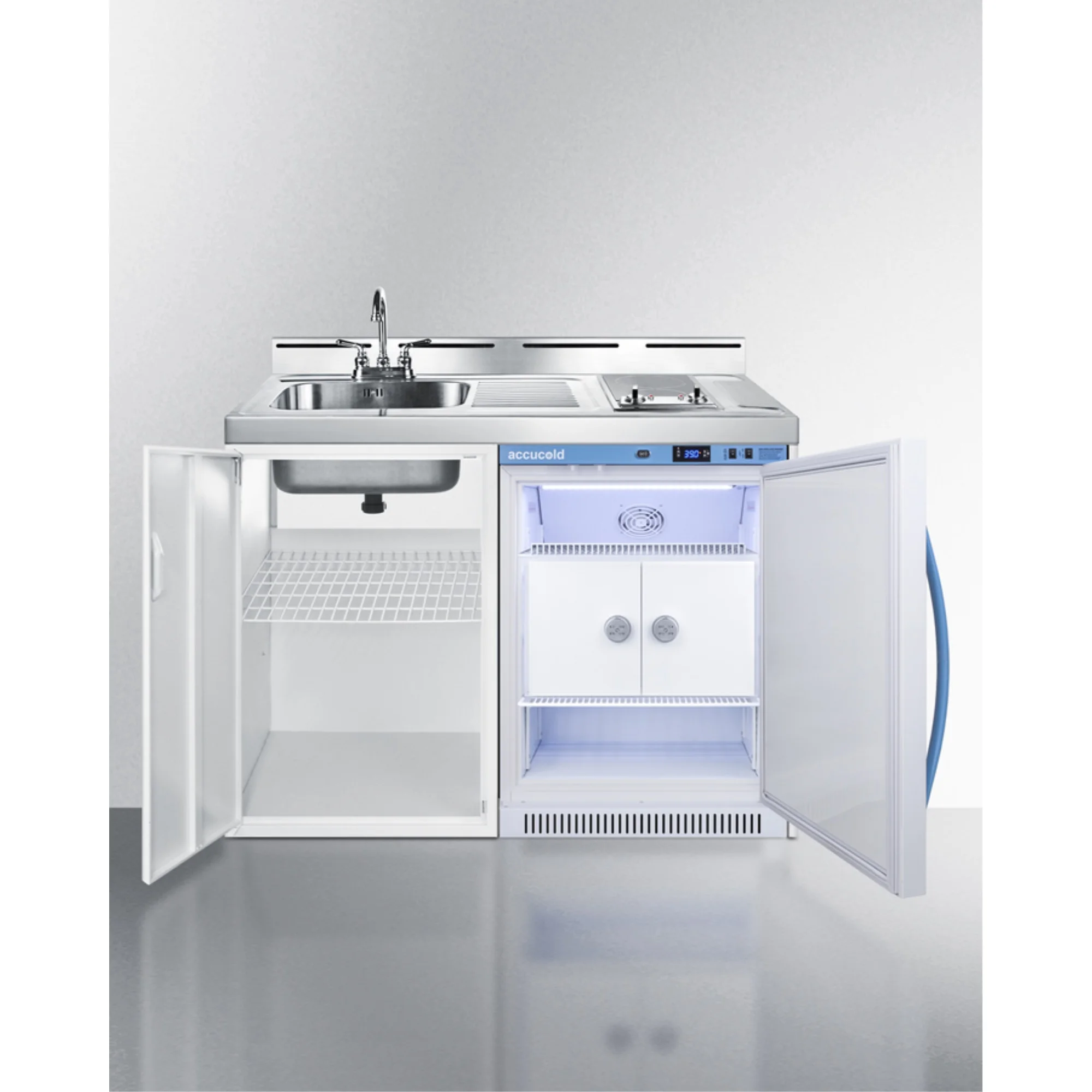 Summit  48 in. All-in-one kitchenette with a Smooth Glass Cooktop, Momcube Breast Milk Refrigerator with Interior Lockers Sink with Faucet & Storage Cabinet