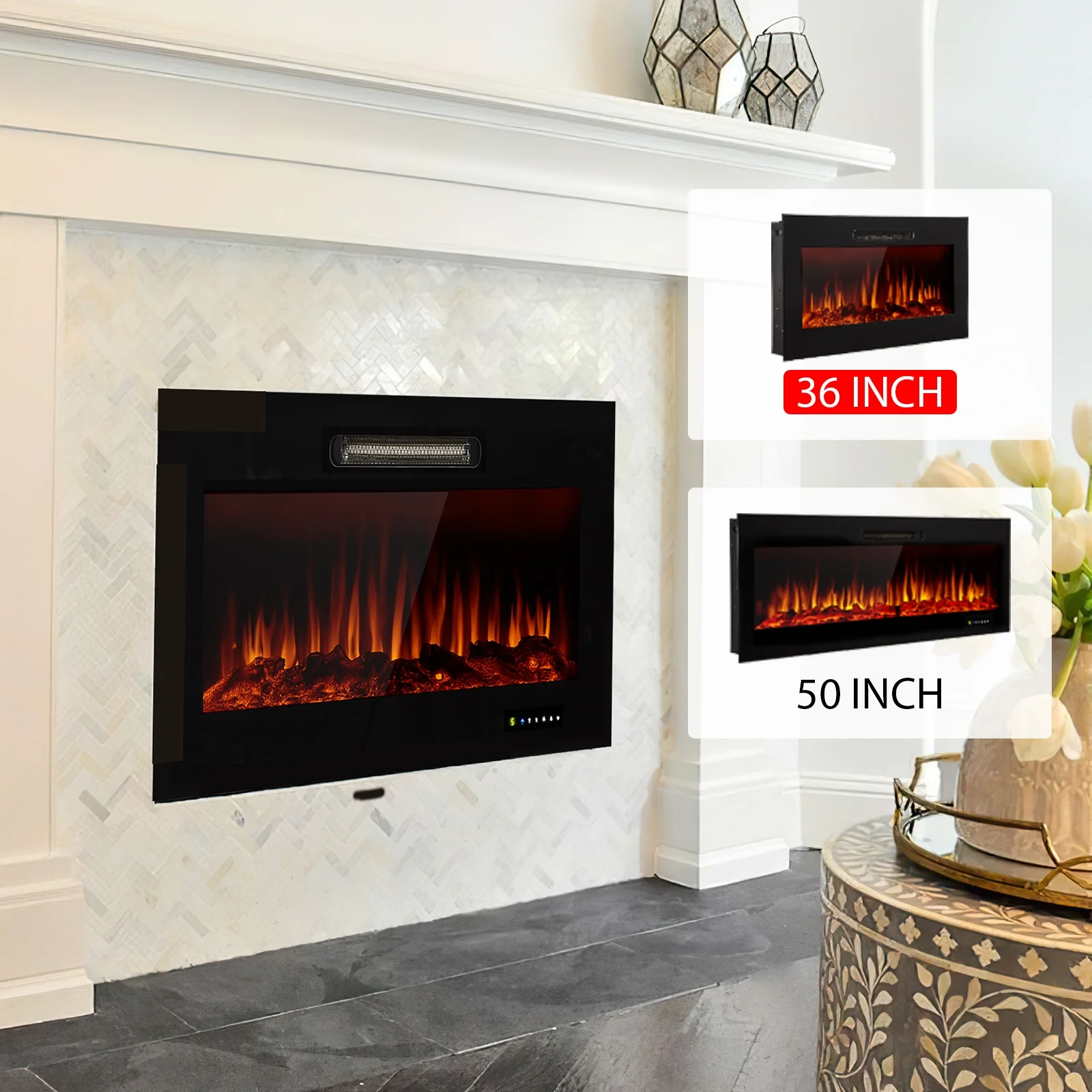 Danrelax 36'' Recessed Mounted Electric Fireplace Insert, 750/1500W