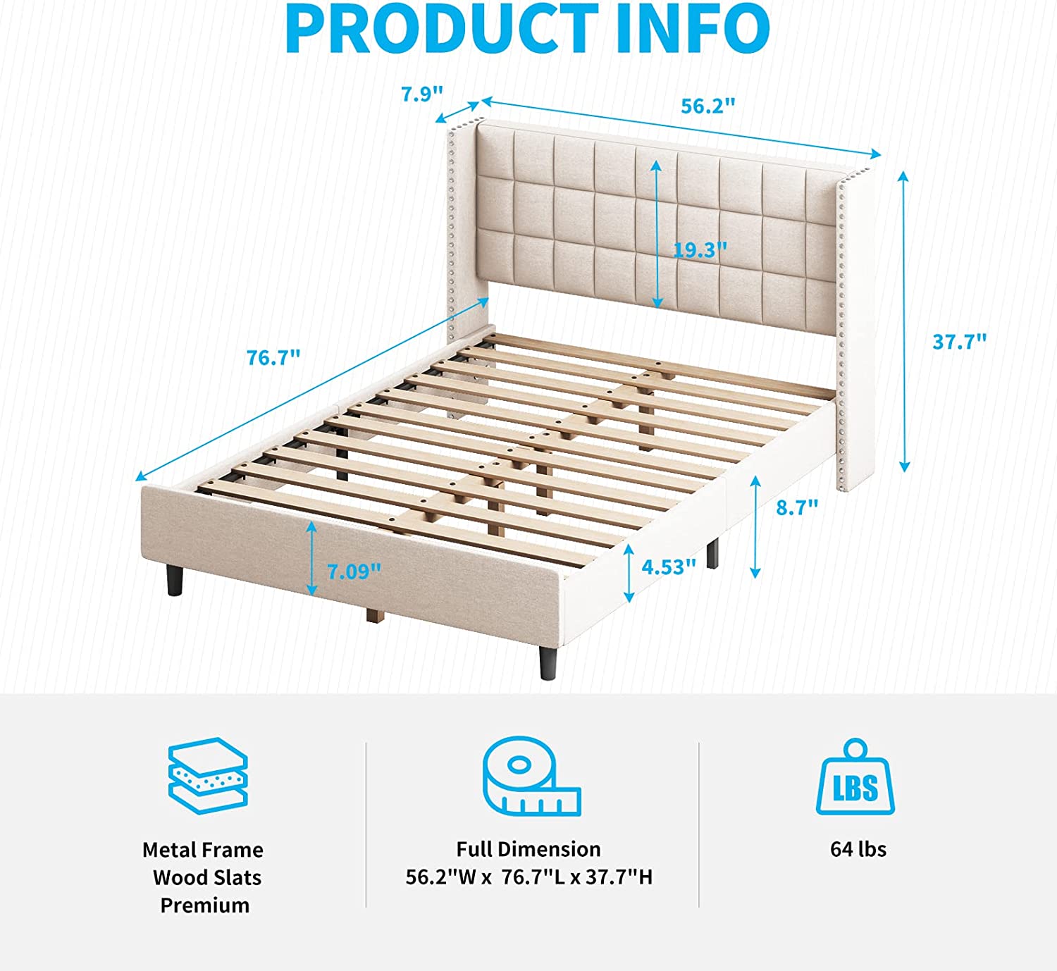 Puremind Bed Frame with Wingback Headboard, Modern Platform Bed Frame, Velvet Bedframe Full Size, Bedroom Furniture with Two Rows of Rivet Design, Wooden Slats, No Noises, No Spring Box (Beige)