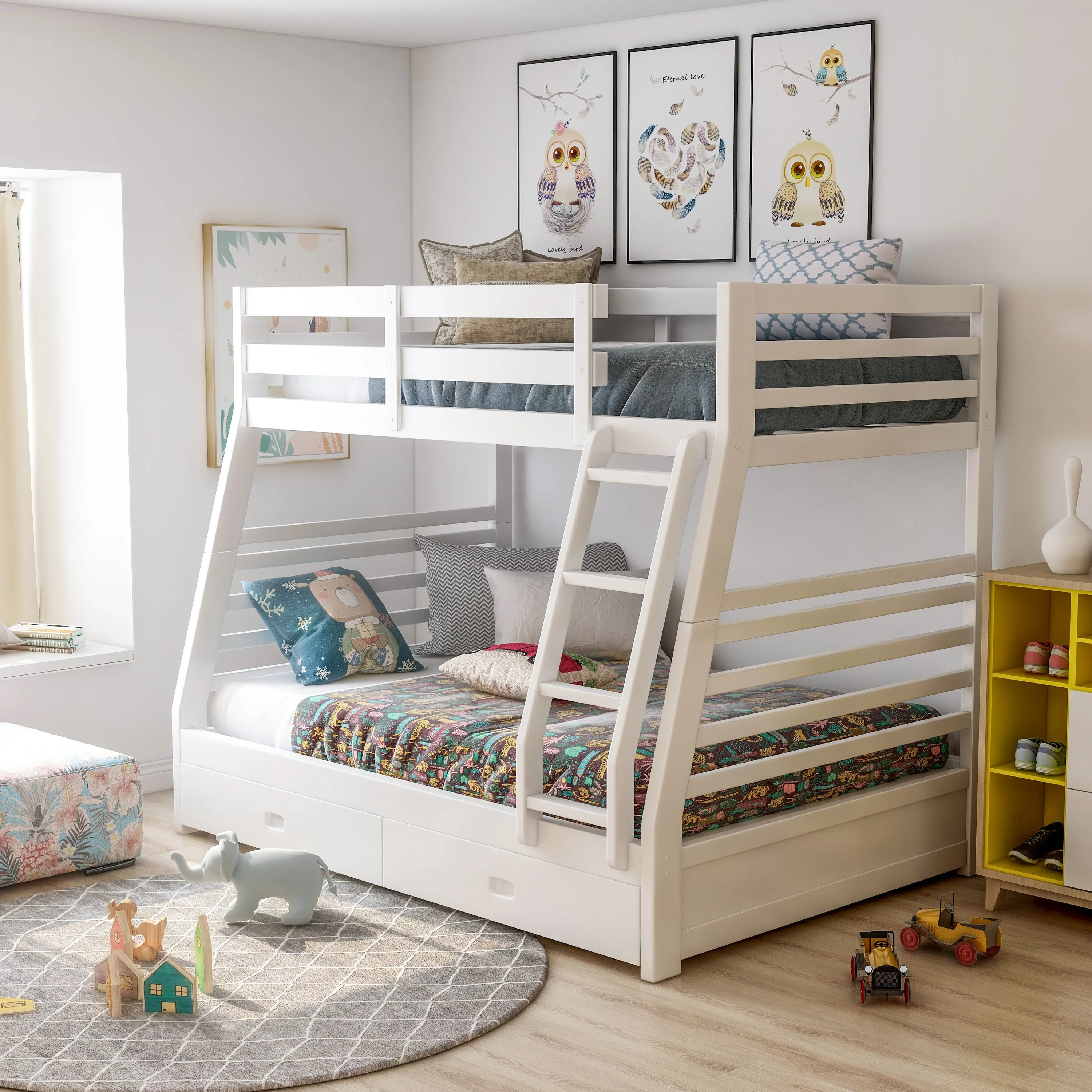 Furniture of America Cude Modern Twin over Full Solid Wood Bunk Bed Set by  Dark Walnut Powder Coated, Wood Finish