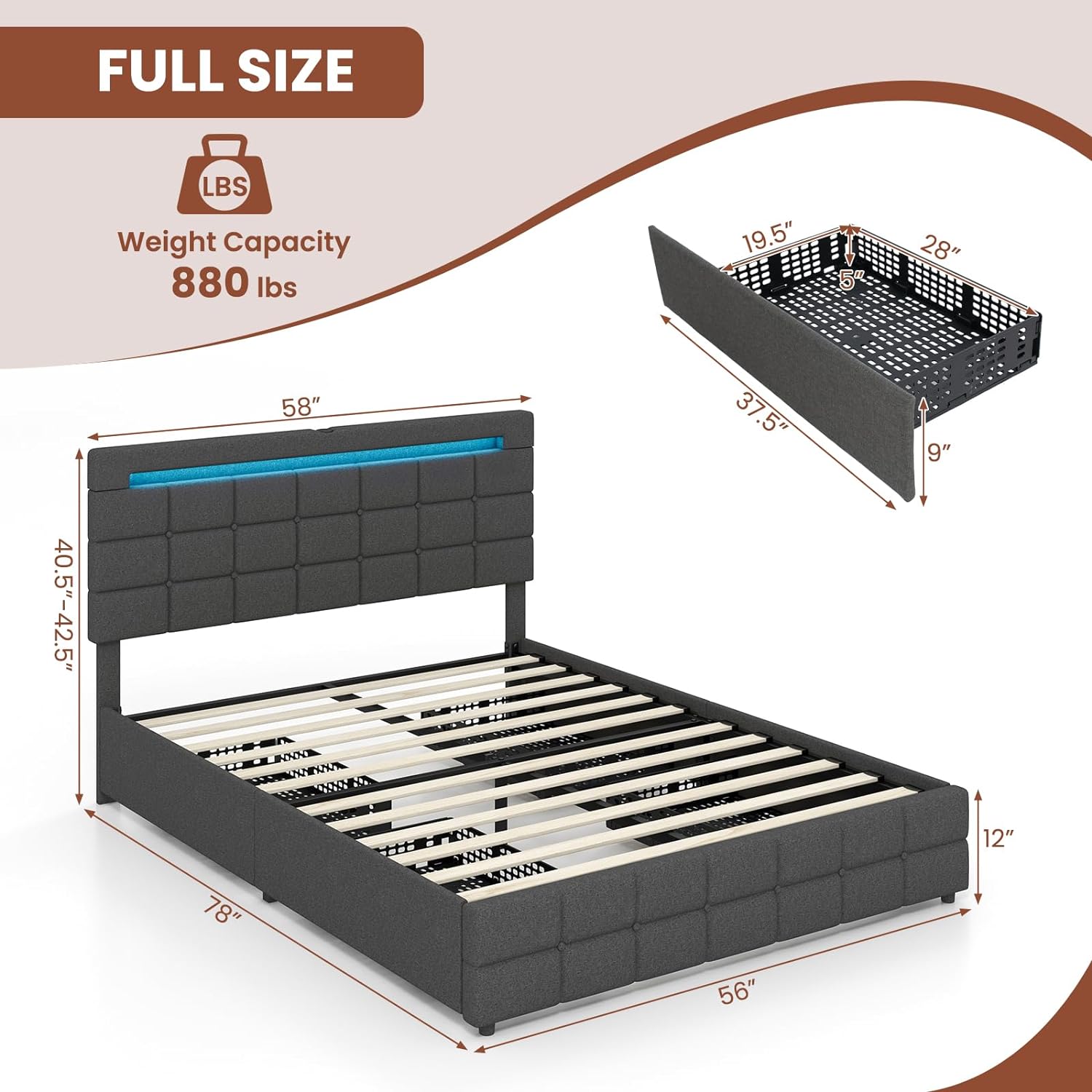 Queen Bed Frame with LED Lights and 4 Drawers, Upholstered Platform Bed Frame with USB Ports, Tufted Adjustable Headboard Design, Solid Wooden Slat Support, No Box Spring Needed