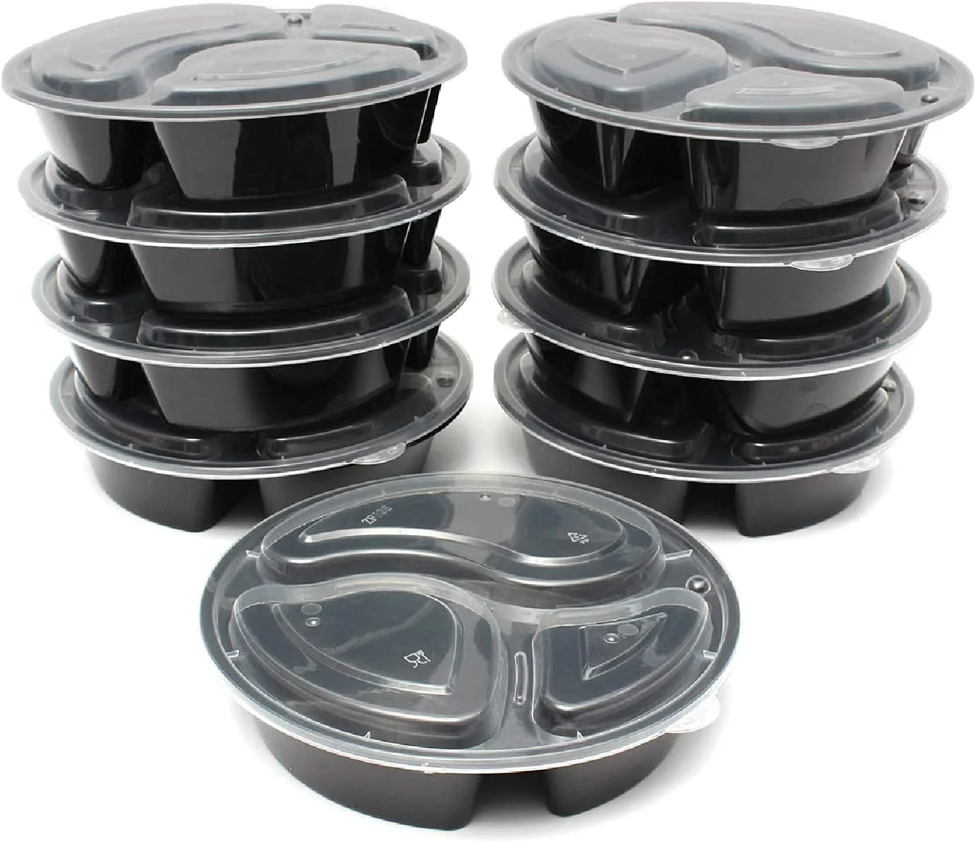 VeZee 48 oz. Black Round 3 Compartments Plastic Meal Prep Containers with Clear Dome Lids| Bento Box, BPA Free, Stackable, Microwave/Dishwasher/Freezer Safe|10CT
