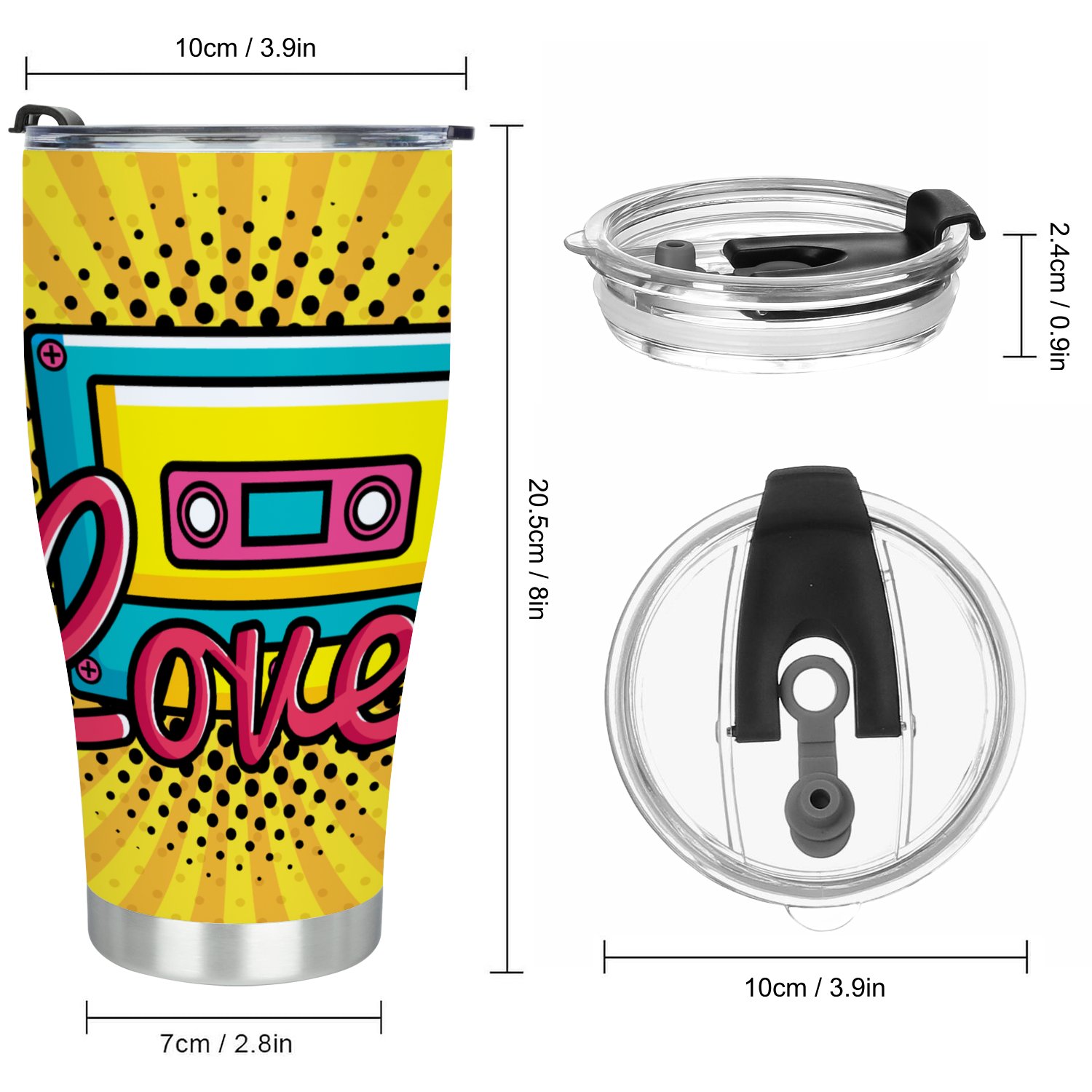 Hidove Stainless Steel Tumbler, Cassette Music with Love Lettering Pop 30oz Leak Proof & Stainless Steel Bottle for Hot & Cold Drinks - Coffee Travel Mug, Water Metal Canteen, Thermal Cup