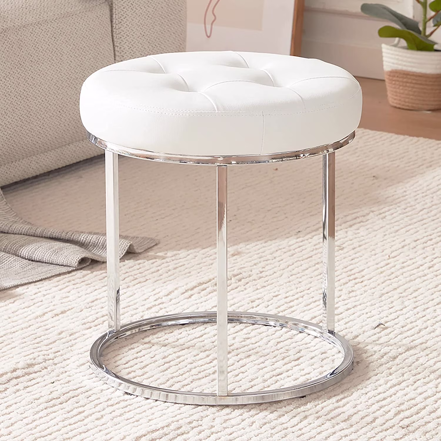 Duhome Leather Vanity Stool Chair Tufted Ottoman Footstool with Metal Base Small Bench Stool for Makeup Room Living Room Bedroom, White