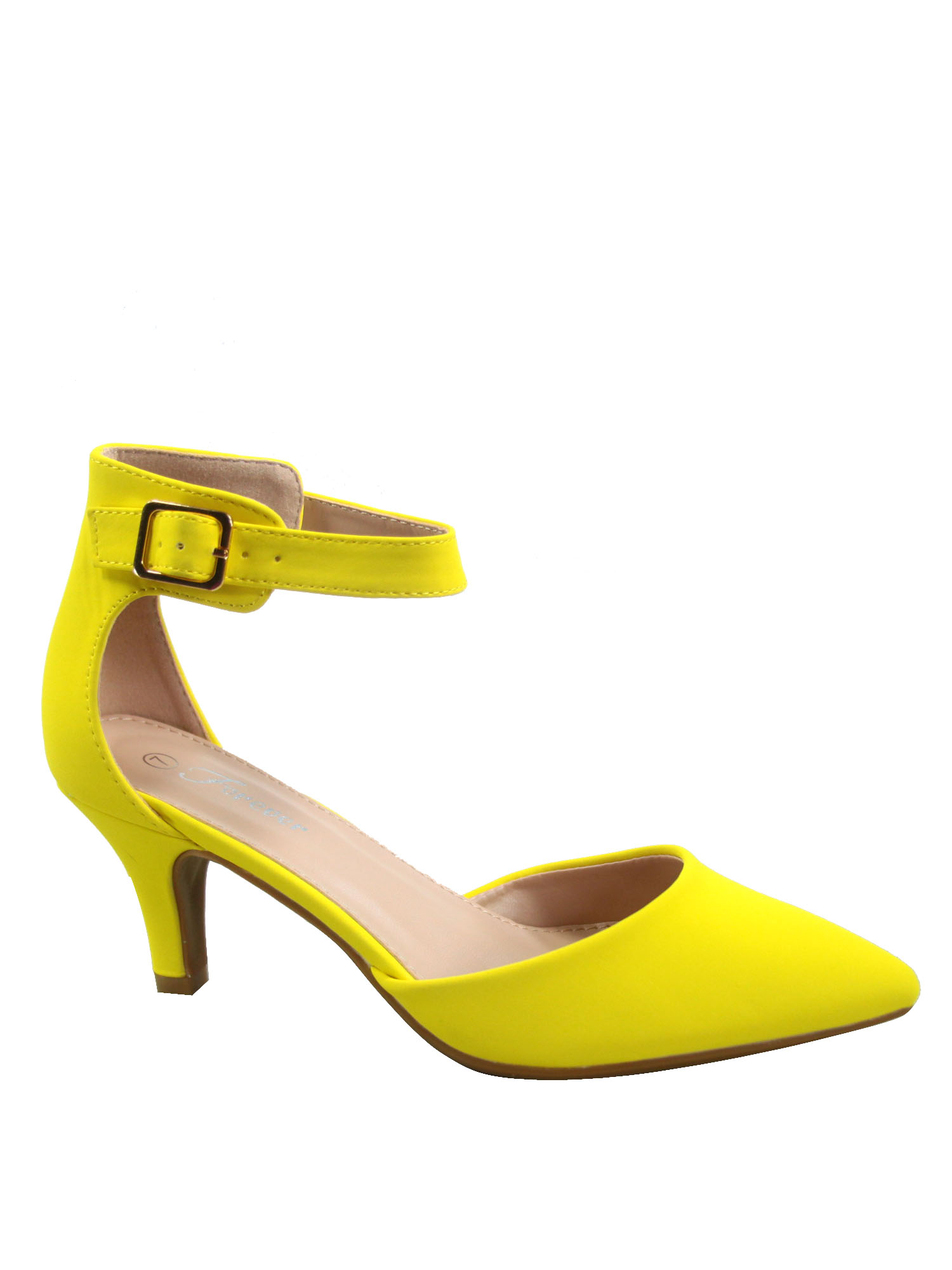 Sunrise-39 Women's Ankle Strap Buckle Pointy Toe Stiletto Low Heel Pumps ( Yellow, 5 )