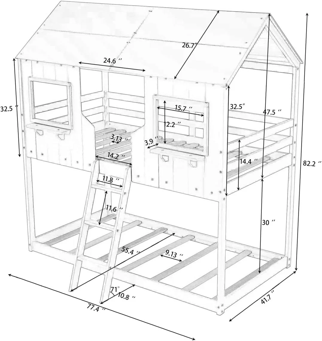 Over House Bunk Bed With Ladder Wooden Floor Bunk Beds For Kids Fun Playhouse Bunkbed Frame With Roof And Windows For Girls Boys Teens, Gray