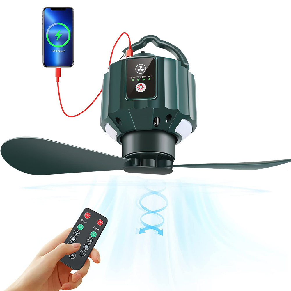 Tent Camping Ceiling Fans for Camping, Portable Tent Fans with Light and Remote Control, Power Bank, USB Battery Operated Camping Fan with Hanging Hook for Canopy Tent, RV