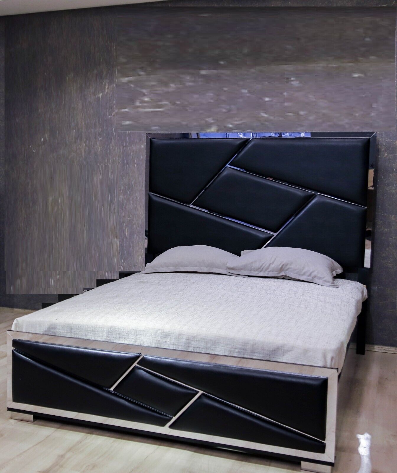 Modern 3pc Black Padded Headboard Mirrored Accents King Bed 2x Nightstand Set Unique Drawer Hardware Bedroom Set