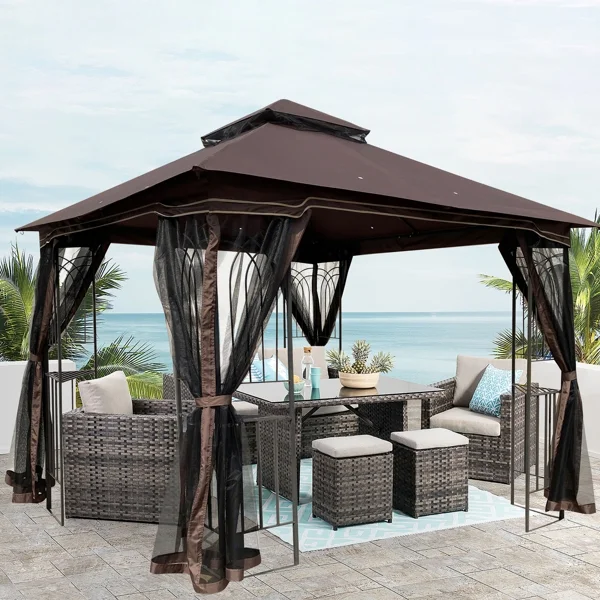 Fithood 10x10 Outdoor Patio Gazebo Canopy Tent With Ventilated Double Roof And mosquitof net(Detachable Mesh Screen On All Sides),Suitable for Lawn, Garden, Backyard and Deck,Brown Top