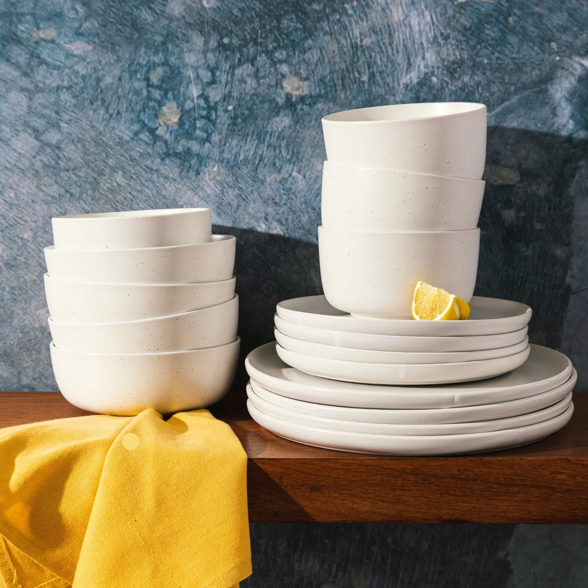 Gibson Elite James Street 16 Piece Stoneware Matte Reactive Double Bowl Dinnerware Set - Sea Salt White