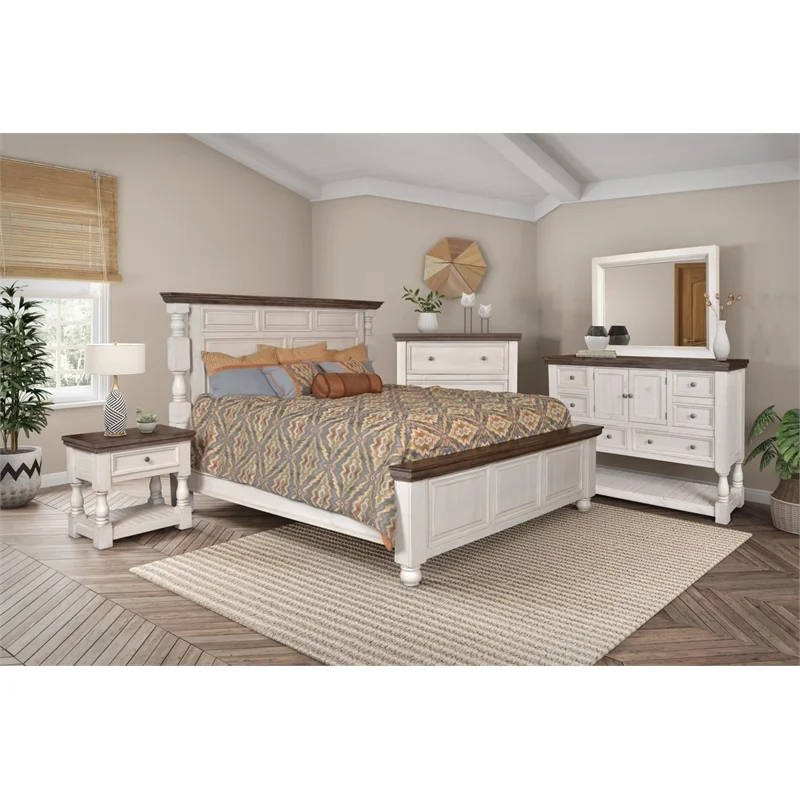 Rustic French 5Pc King Bedroom Set in Distressed White/Brown Wood / Panel Bed