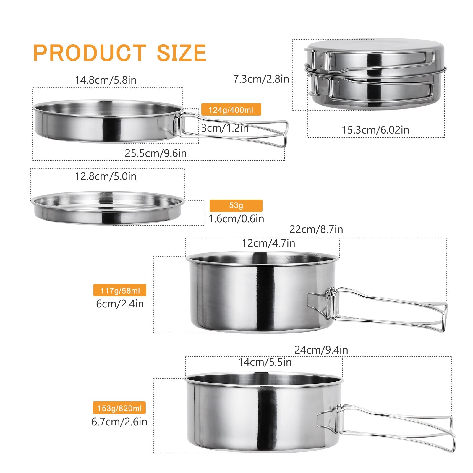 Camping Pots Pans Tableware Set Portable Ultralight Cookware Set Stainless-Steel Large Capacity for Outdoor Hiking Picnic Stainless-Steel
