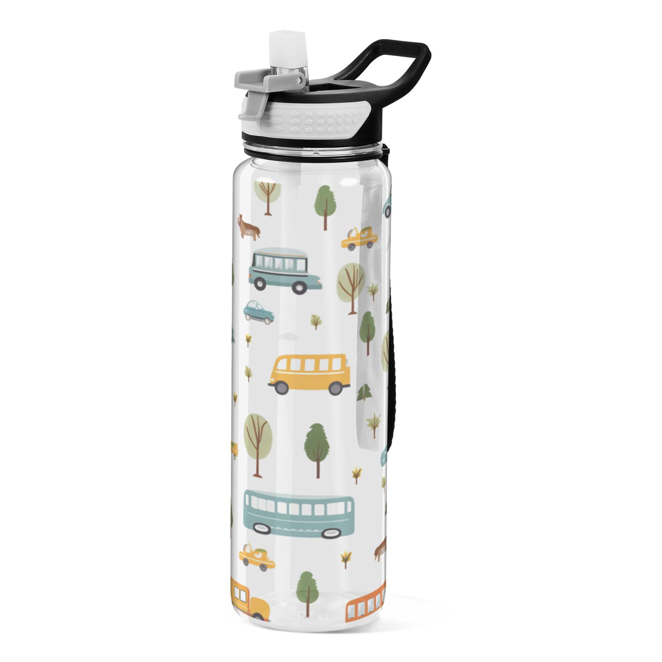 Bus Cute Vehicle 32oz Sports Water Bottles Leakproof Tritan Bottle with Straw BPA Free Clear Bottle for Fitness Gym Outdoor Cycling