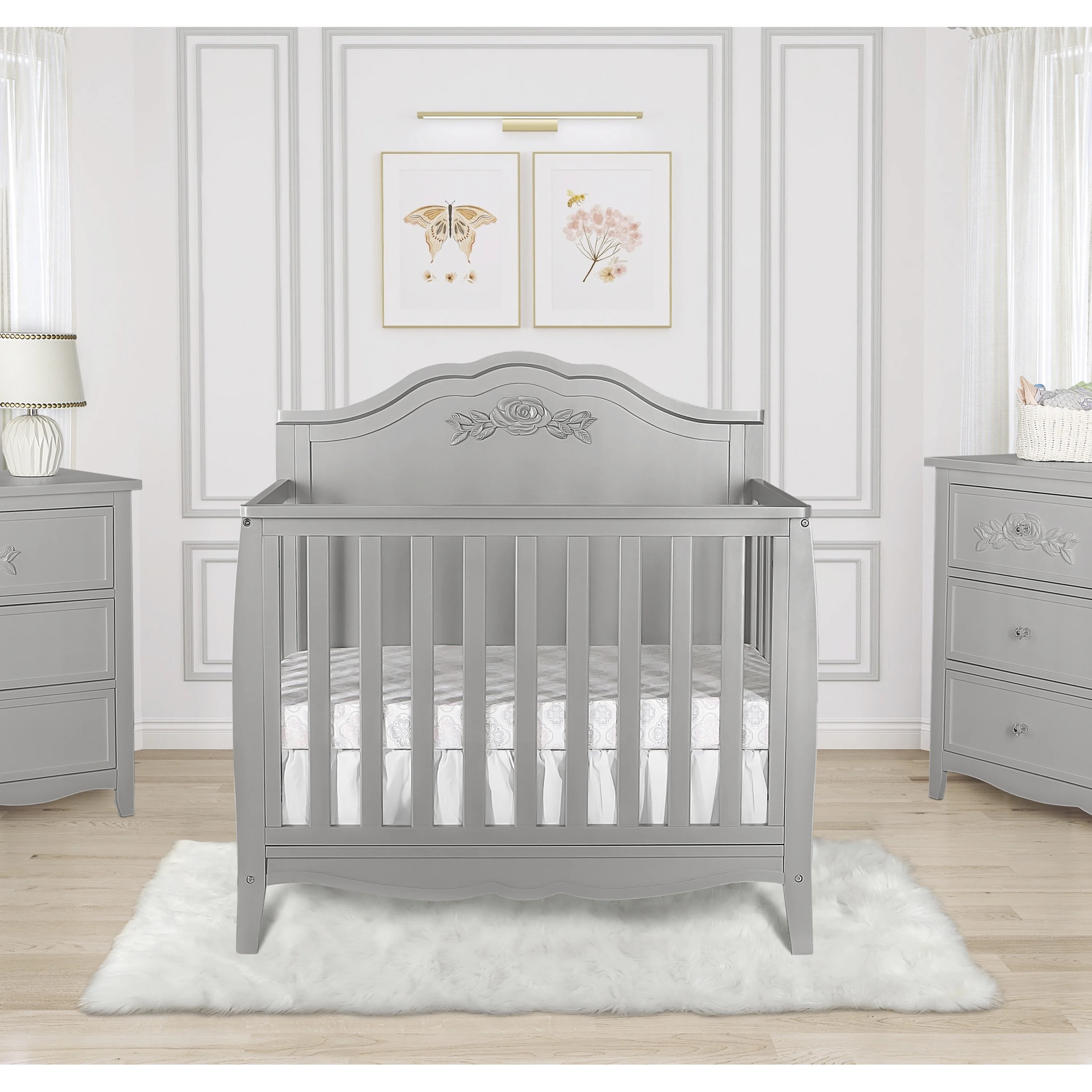 SweetPea Baby Rose 4-in-1 Convertible Mini Crib in Platinum, JPMA Certified Baby Crib, Non-Toxic Finish, New Zealand Pinewood, with 3 Mattress Height Settings Crib Platinum