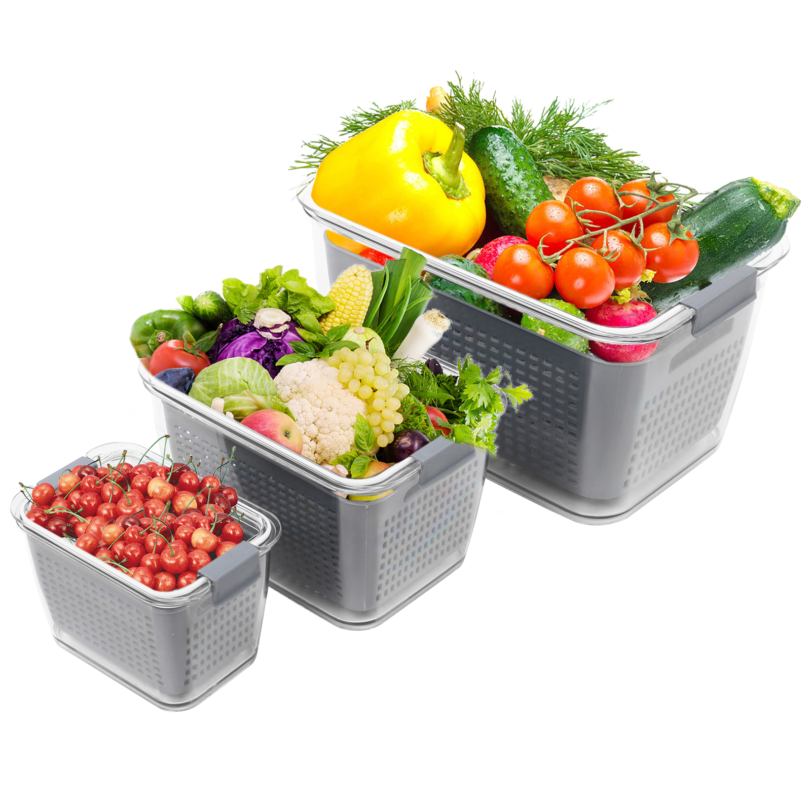 Set of 3 Refrigerator Produce Saver Containers Storage Bins with Adjustable Air Vent, Removable Filter Colander, Kitchen Organizer for Fruits Vegetables, Gray