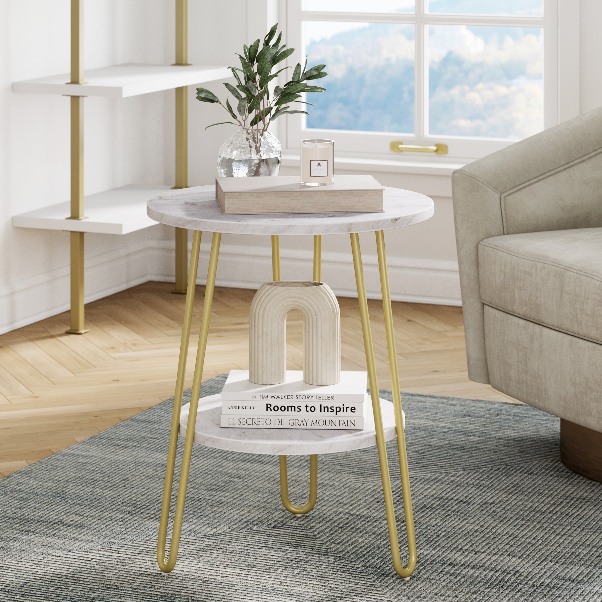 Nathan James Ashley White Round Marble End or Side Table with Brass Hairpin Legs and Storage Shelf, White/Gold
