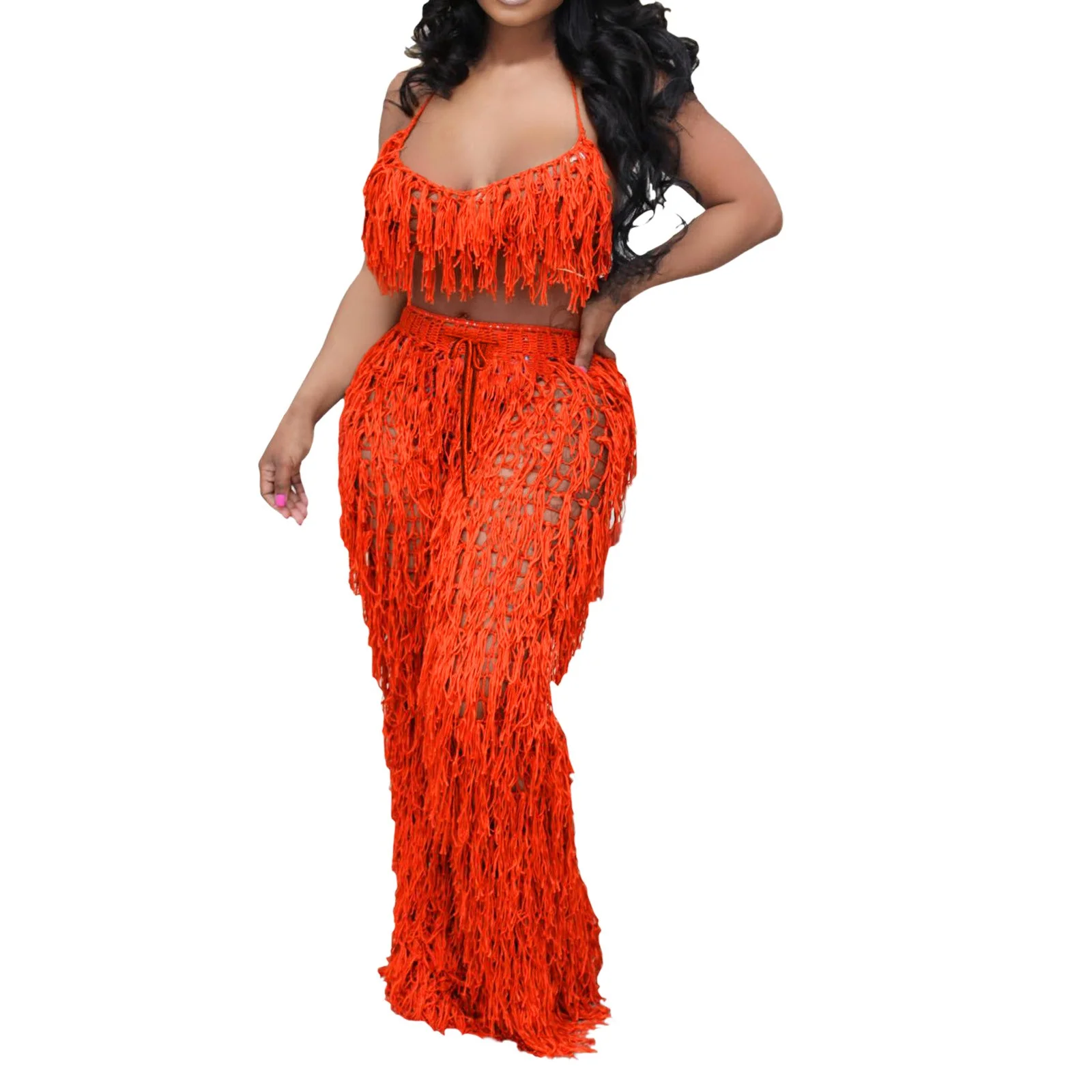PMUYBHF Birthday Outfits for Women Two Piece Women's Fashion Casual Hand Crochet Tassel Matching Beach Two Piece Set Spaghetti Strap Crop Top and Knitted Wide Leg Pants Tracksuit