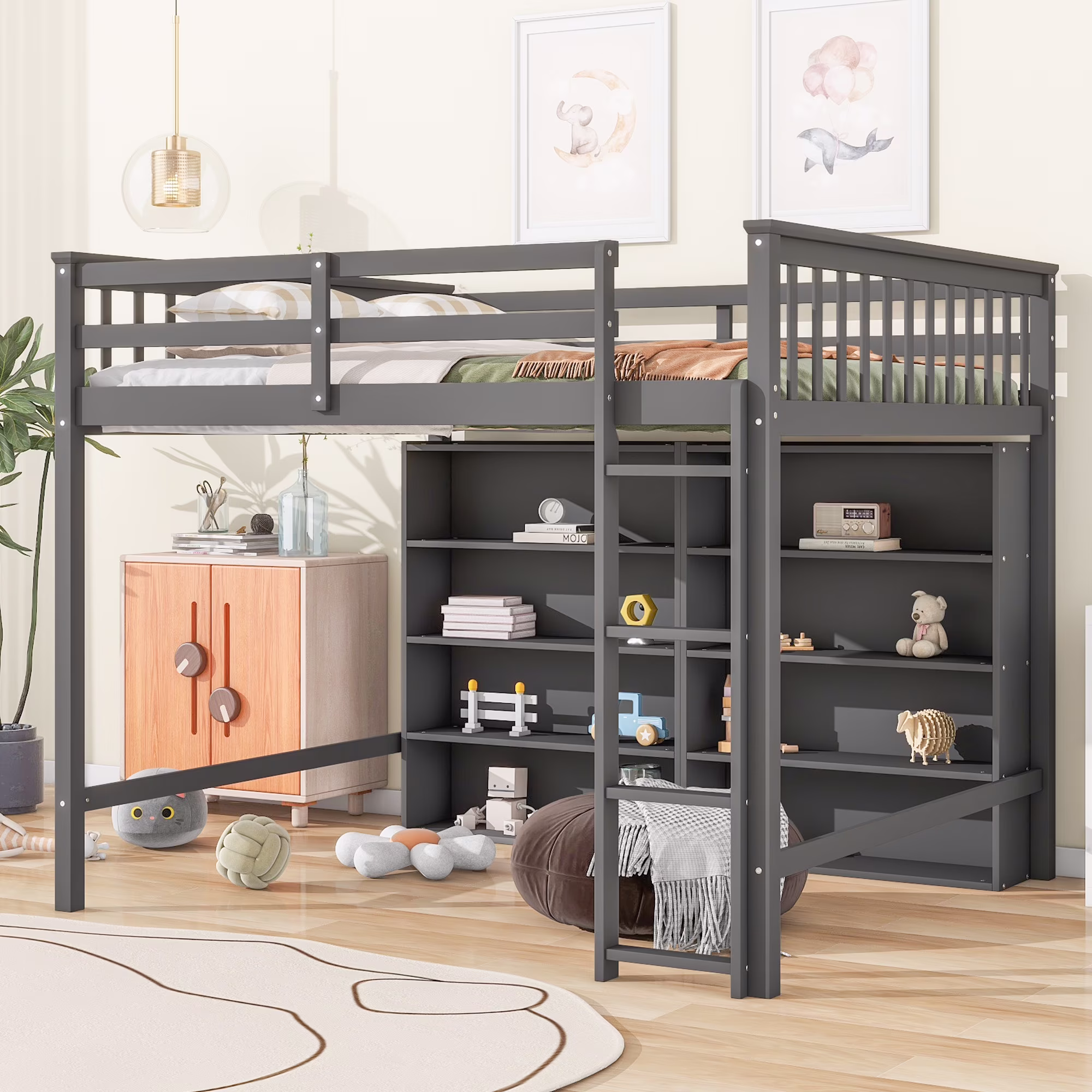 CoSoTower Full Size Loft Bed with 8 Open Storage Shelves and Built-In Ladder, Gray