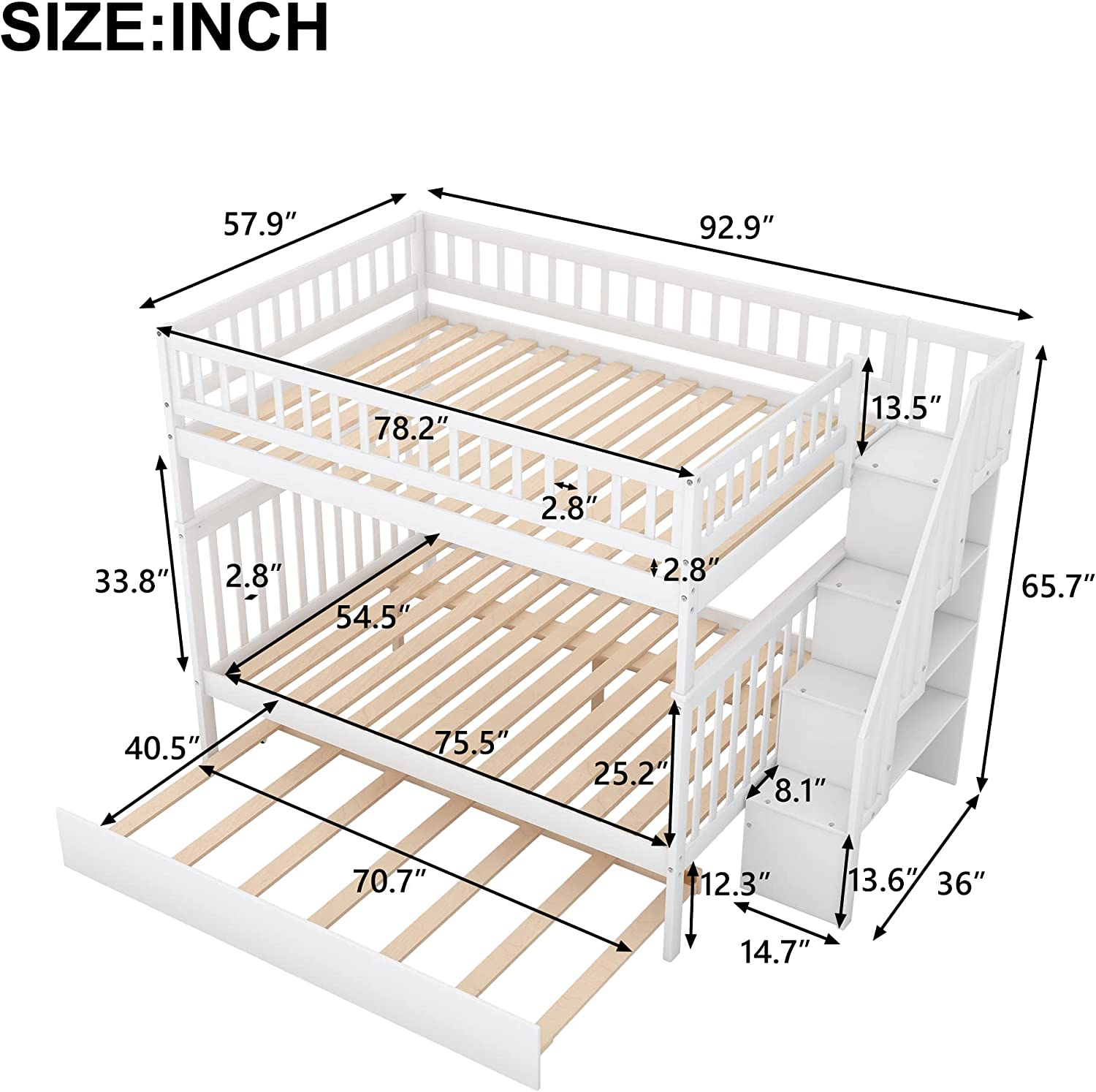 Full Over Full Bunk Bed With Trundle And Stairs, Solid Wood Bunk Bed With Storage, For Kids Teens Adults (White)