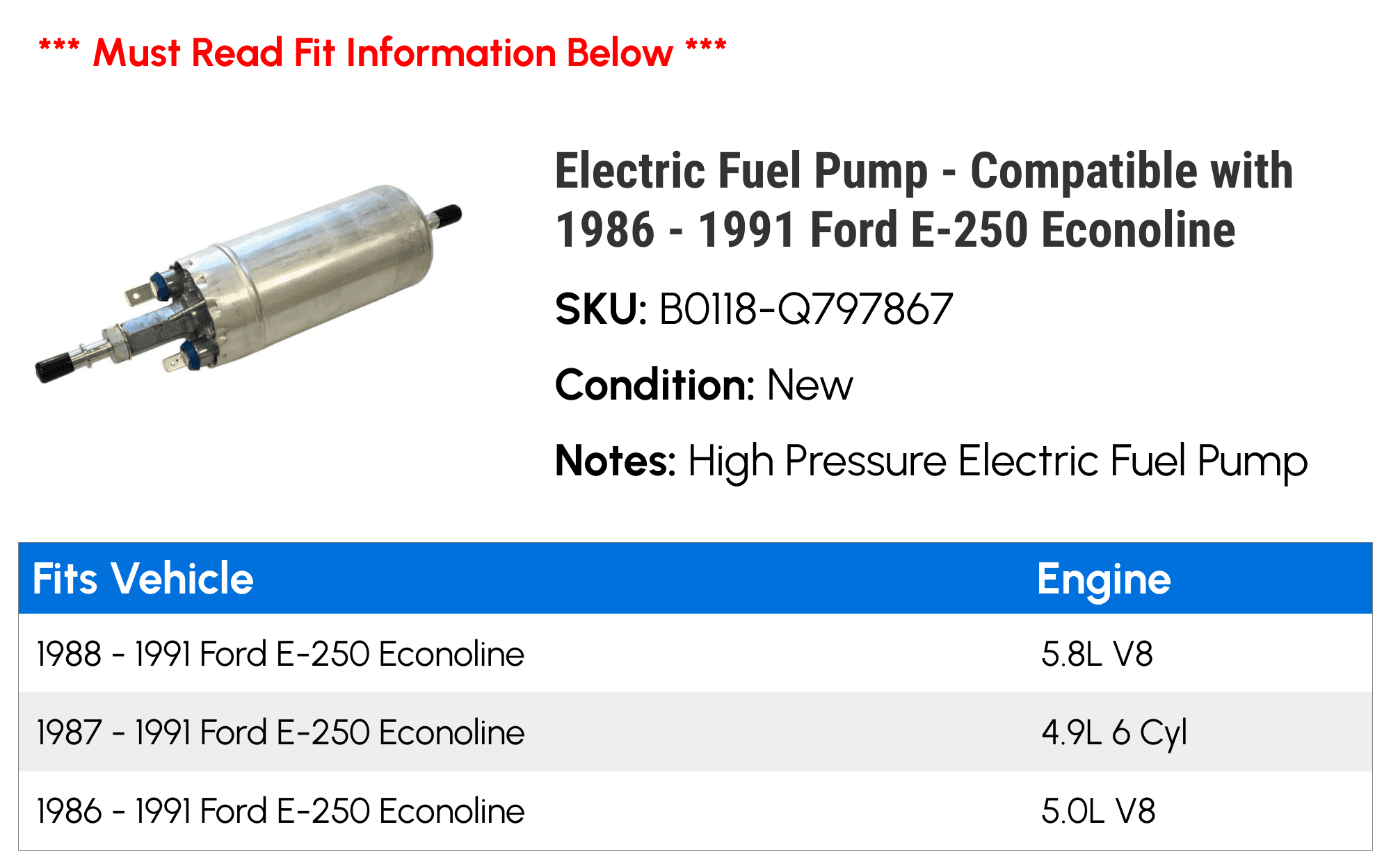 Electric Fuel Pump - Compatible with 1986 - 1991 Ford E-250 Econoline 1987 1988 1989 1990