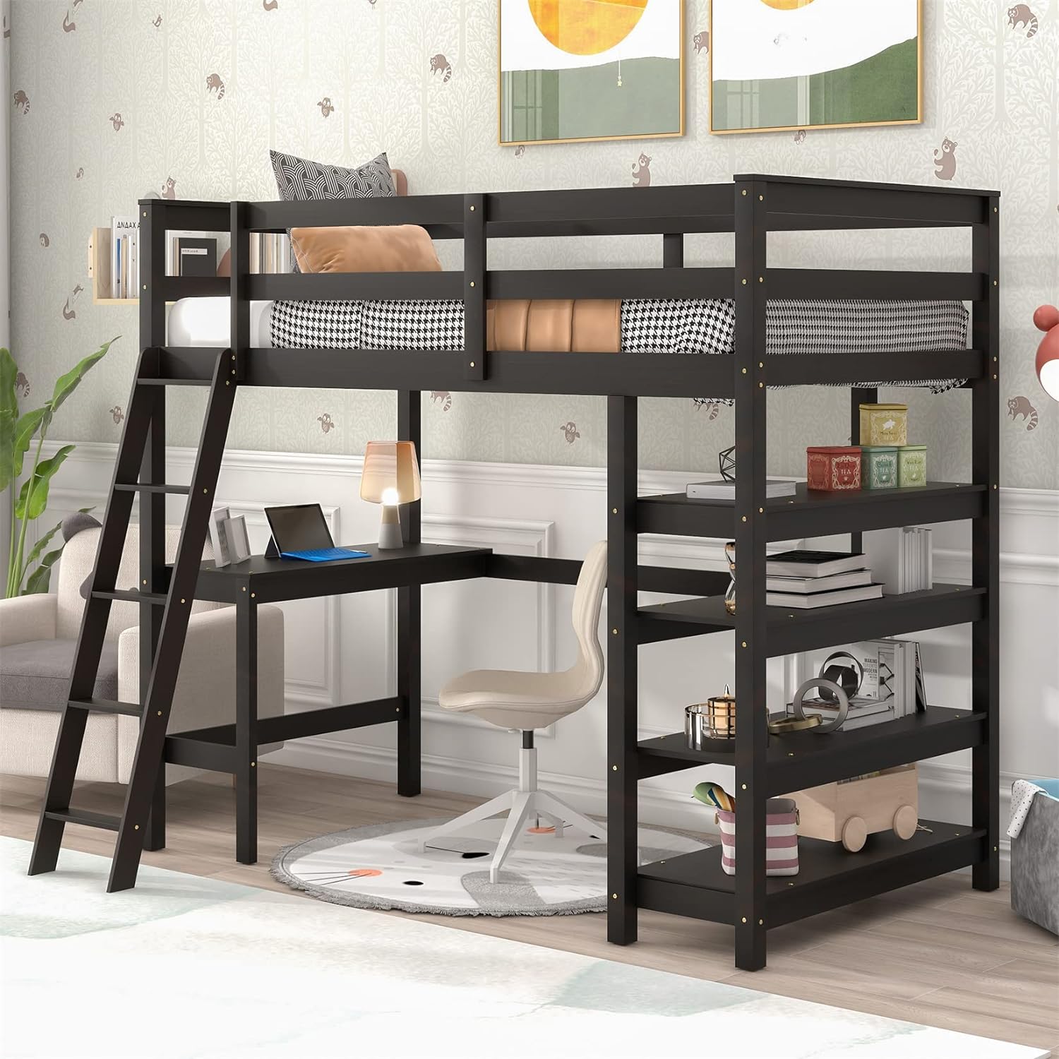 Loft Bed With Desk And Shelves For Teens Adults, Wood High Loft Bed Frame With Bookcase And Angle Ladder For Kids Boys Girls, Full-Length Guardrail, Size, Espresso