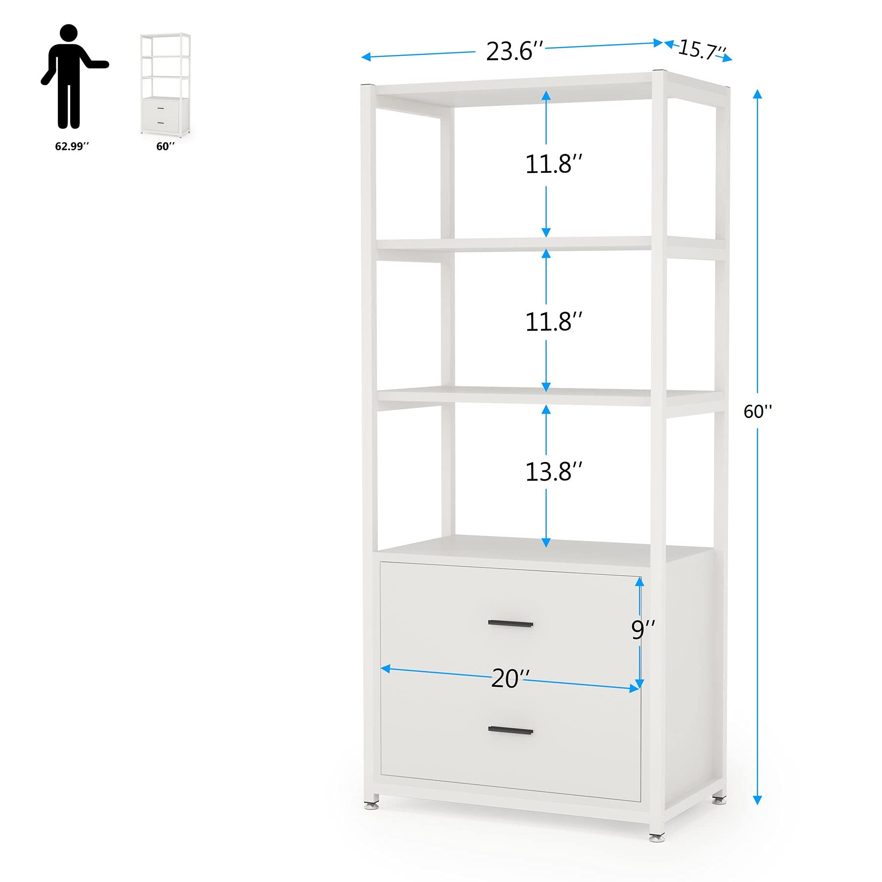Tribesigns Bookcase with 2 Drawers, 4-Tier White Bookshelf  for Home Office
