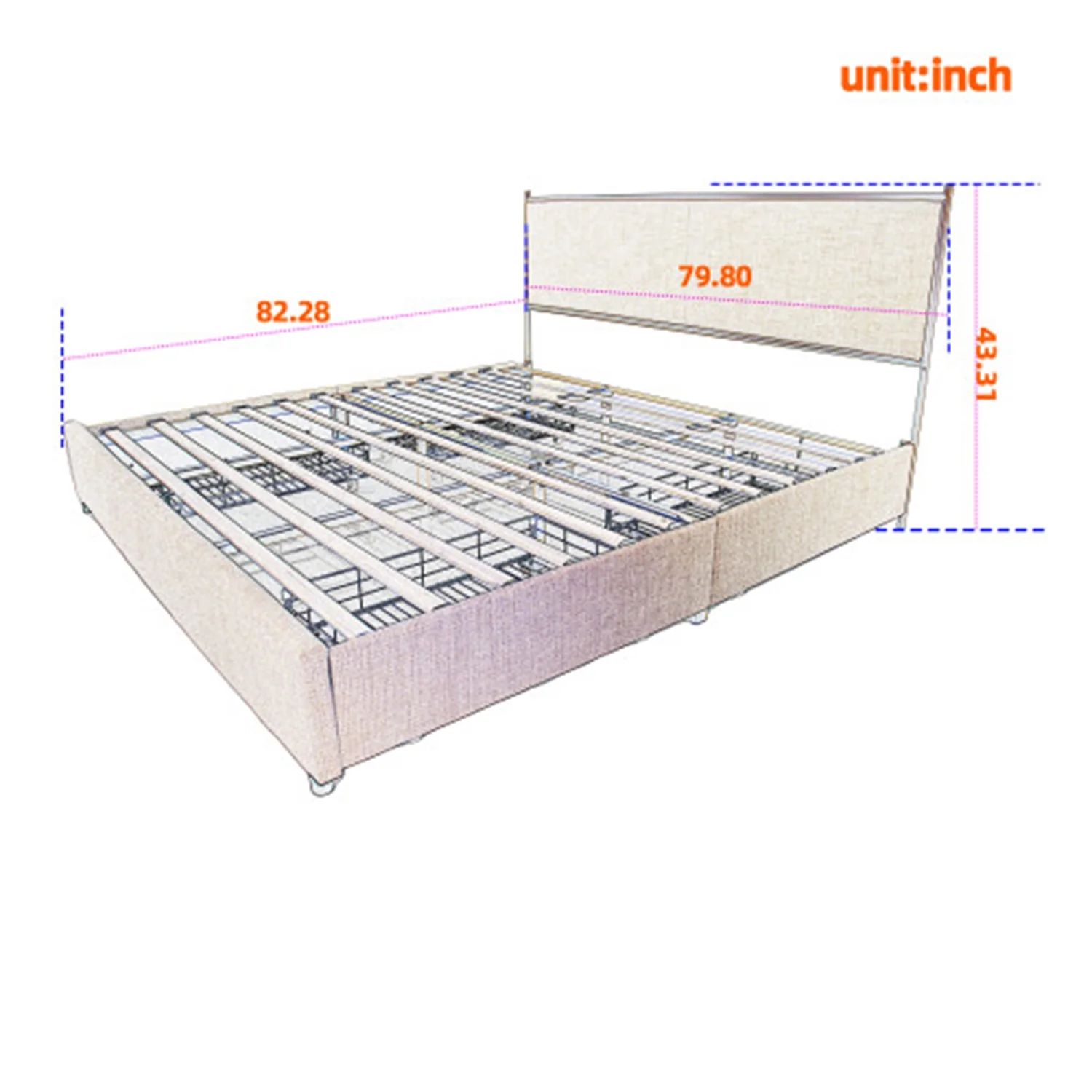 Royard Oaktree Metal Bed King-Size Frame with Classic Square Upholstered Headboard and Footboard Modern Platform Beds with Gold Frame and Four Storage Drawers, No Box Spring Needed, Black