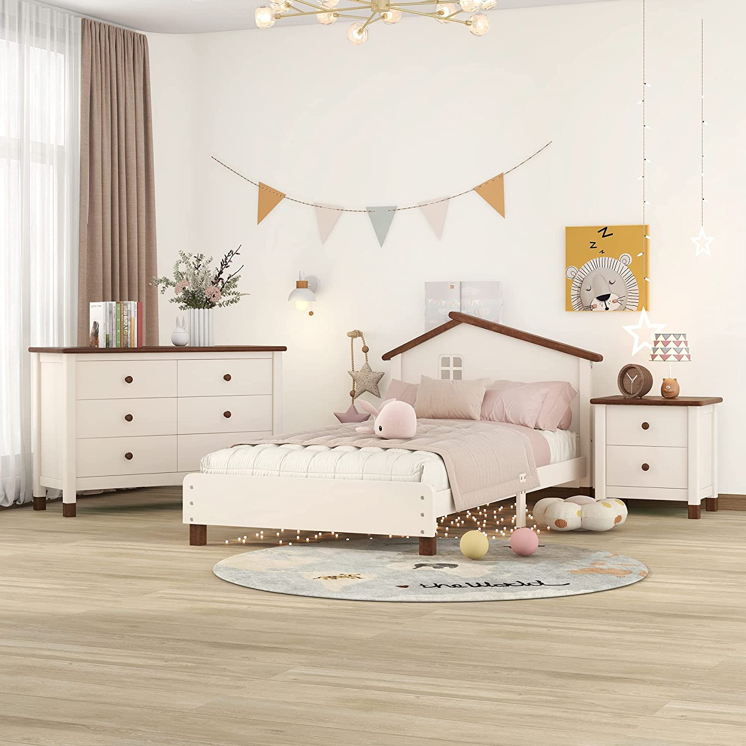 Bedroom Set Furniture, 3-Pieces Bedroom Sets, Size Platform Bed With Nightstand And Storage Dresser, Cream Walnut