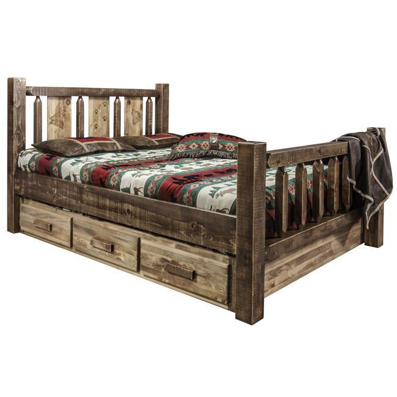 Montana Woodworks  Homestead Storage Bed with Laser Engraved Wolf Design - Stain & Clear Lacquer - Twin Size