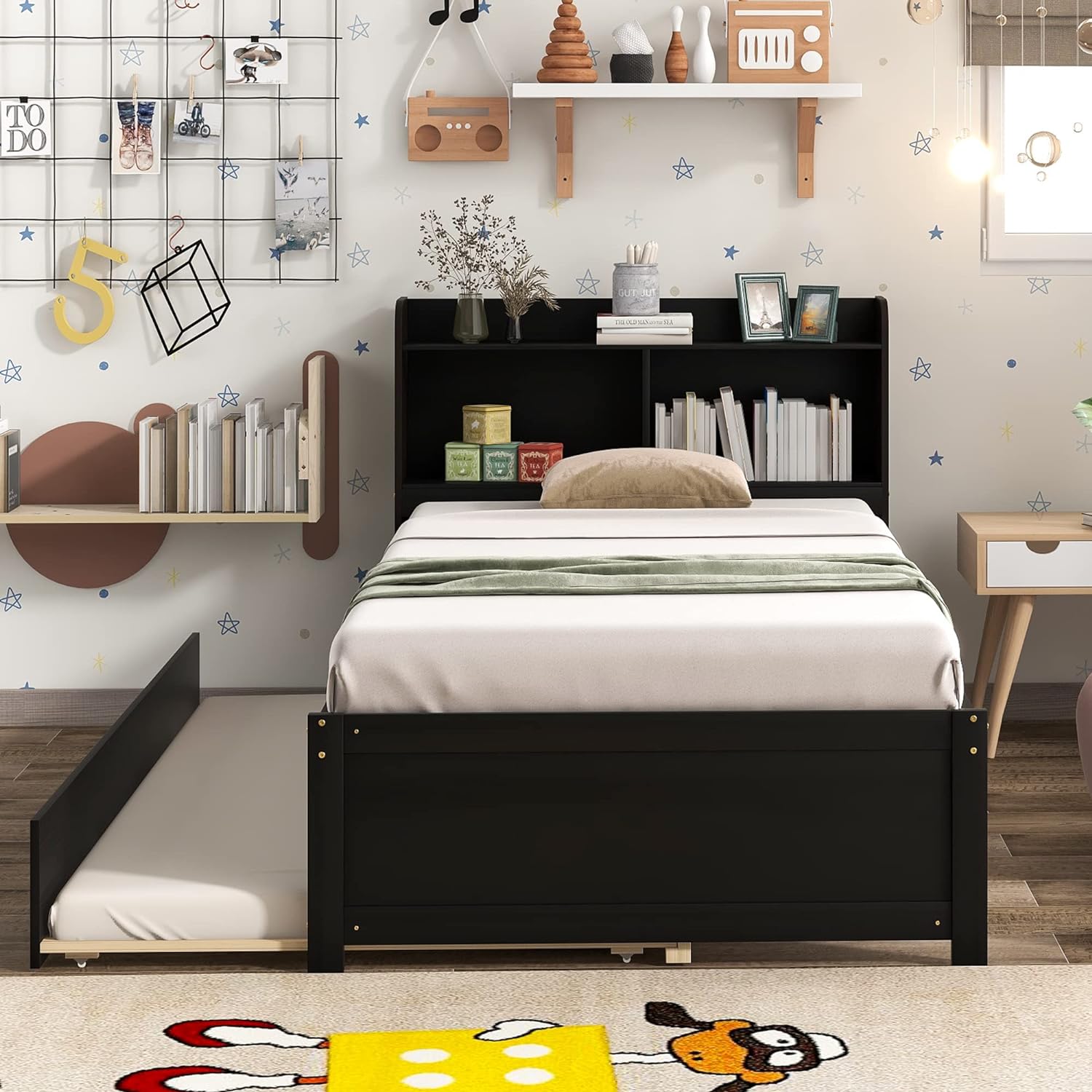 Size Platform Bed With Trundle And Bookcase, Wooden Storage Platform Bed With Storage Headboard, No Spring Box Needed, Espresoo