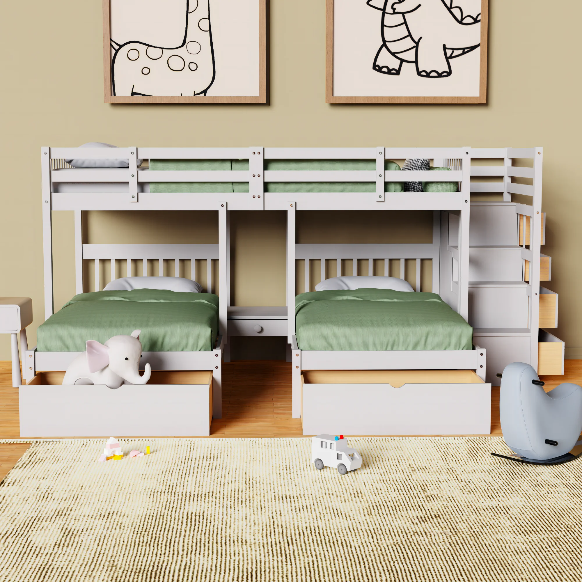 Full Over Twin & Twin Bunk Bed, Wood Triple Bunk-Beds with Drawers and Guardrails,White