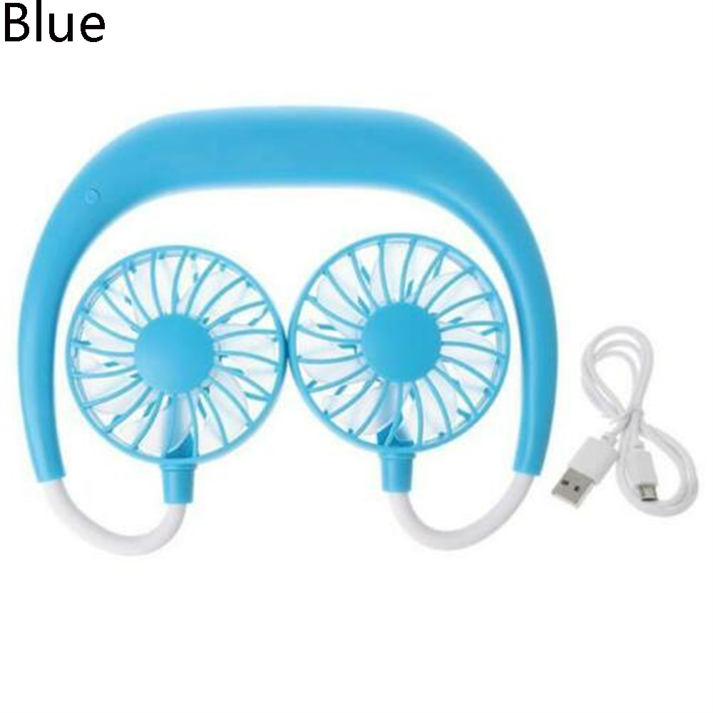 Home Office 3-Speed Adjustable Neckband Rechargeable Battery Desk Hand cooler Fan Hands-Free Mini USB Portable Neck Fan BLUE
