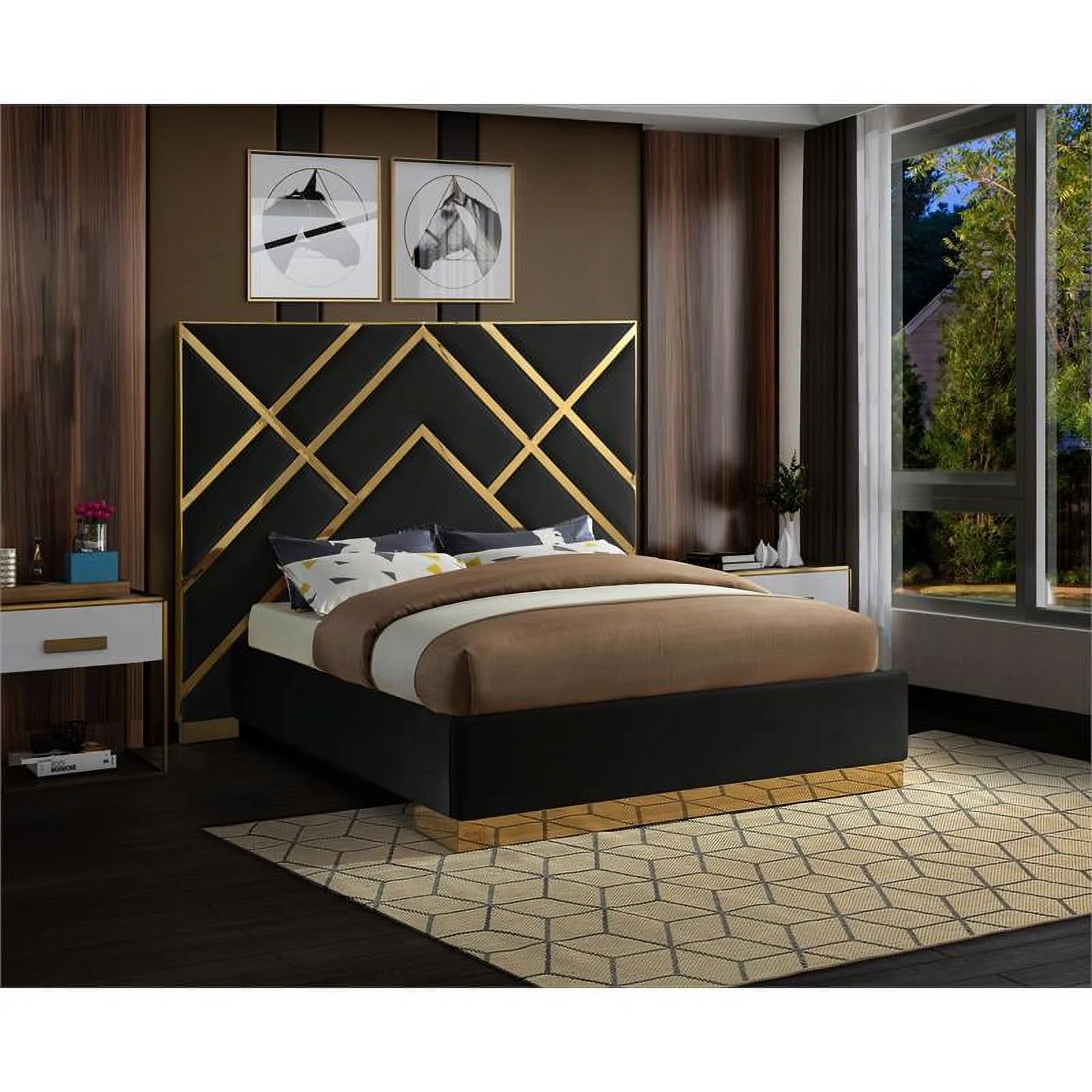 Pemberly Row Contemporary Rich Velvet King Bed in Black Finish