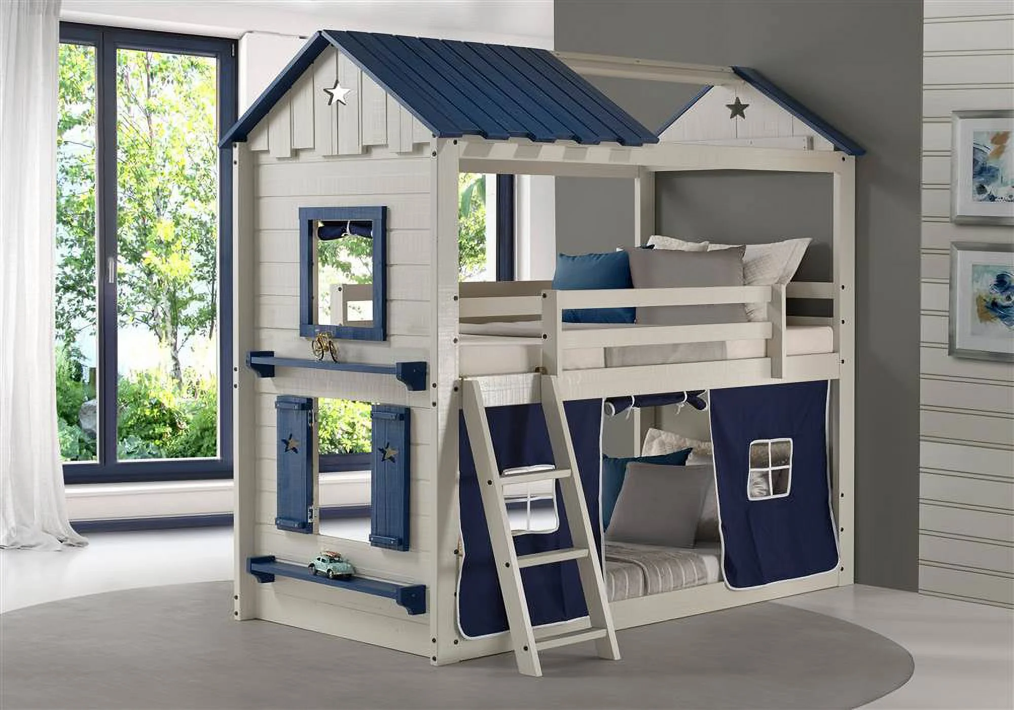 Donco Kids Pine Wood Bunk Bed, Twin-Over-Twin, Grey/Blue