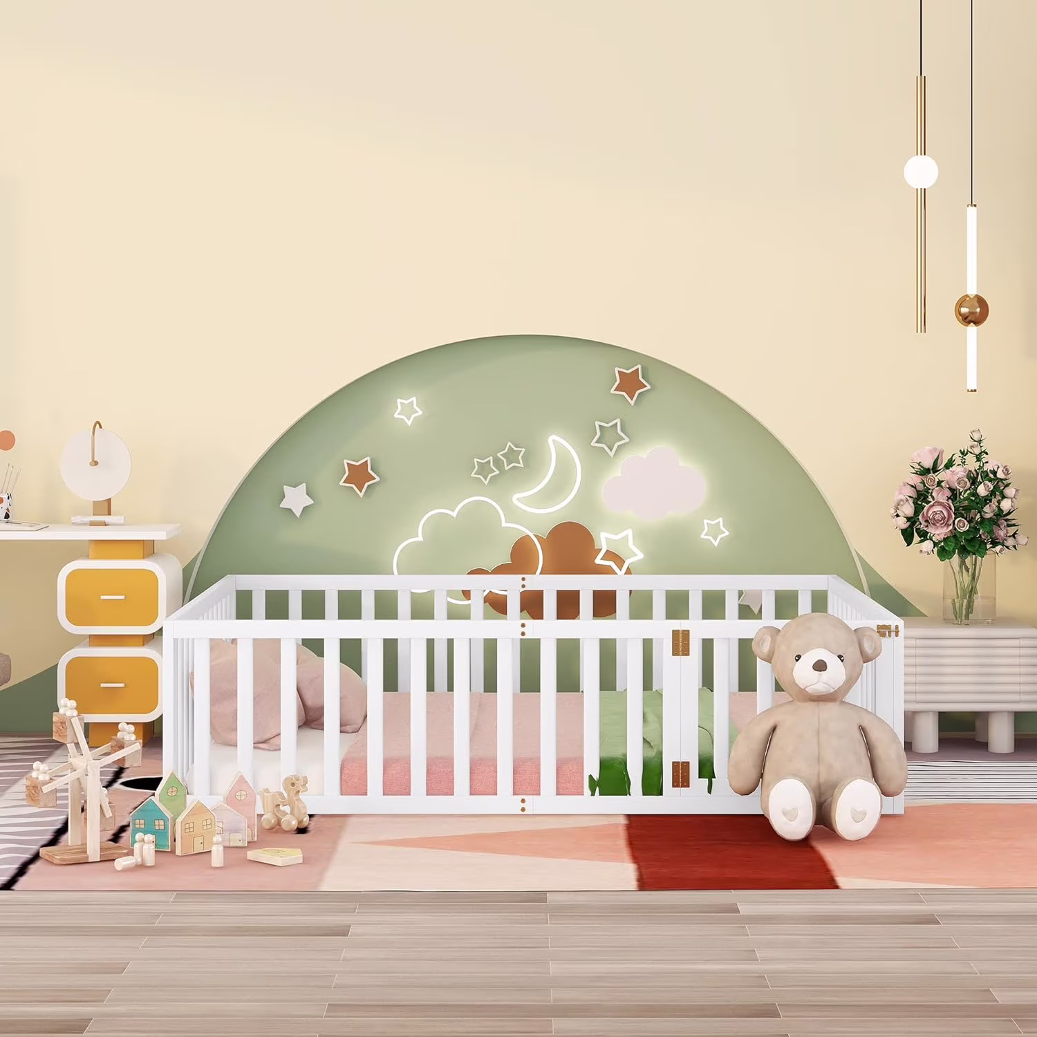 Queen Size Wood Floor Bed Frame with Fence and Door