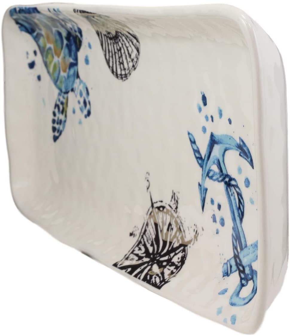 Ebros Blue & White Sea Turtle Ceramic Dinnerware (Rectangular Plate 13.75
