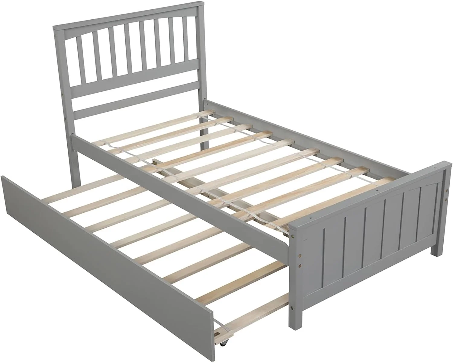 Bed With Trundle Wooden Platform Bed Frame With Headboard Solid Wood Captain Beds For Boys Girls Kids Teens, No Box Spring Needed, Gray