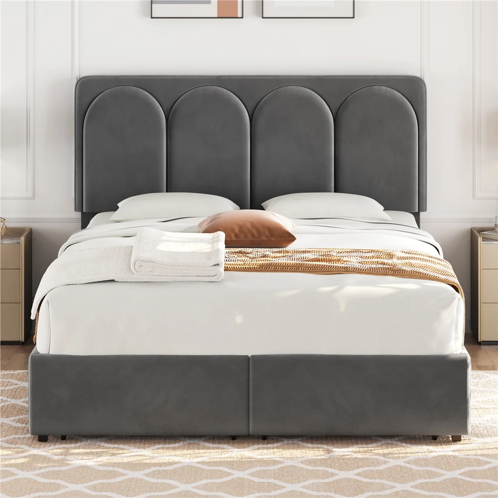 Easyfashion Upholstered Queen Bed Frame with Adjustable Headboard and 4 Drawers Storage,Dark Gray