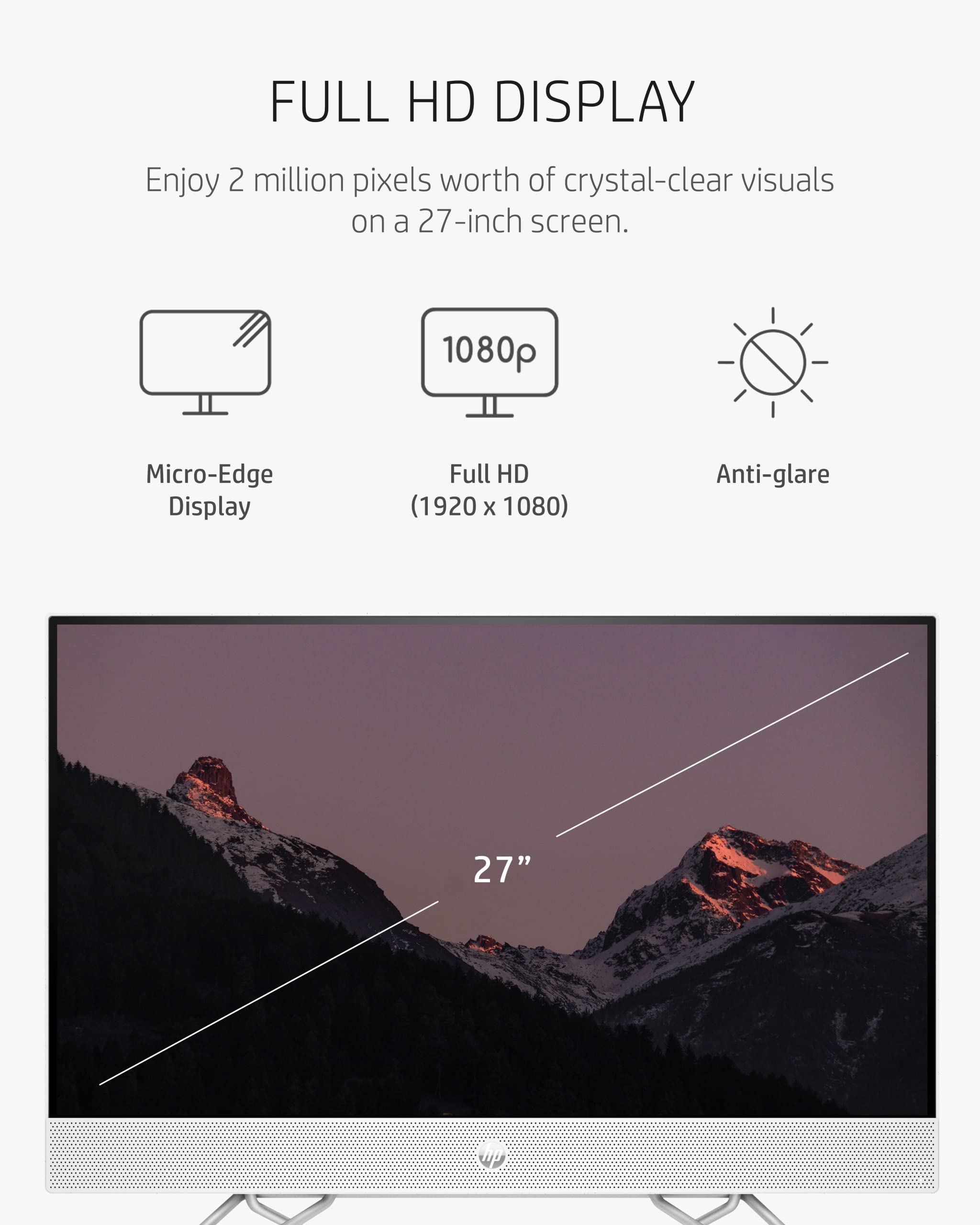 HP 27” All-in-One Desktop PC, AMD Ryzen 7 5700U, 12 GB RAM, 256 GB SSD & 1 TB Hard Drive, Full HD IPS Display, Windows 11 Pro, 720p Privacy Webcam, Dual Mics, Keyboard and Mouse (27-CB0052, 2022)