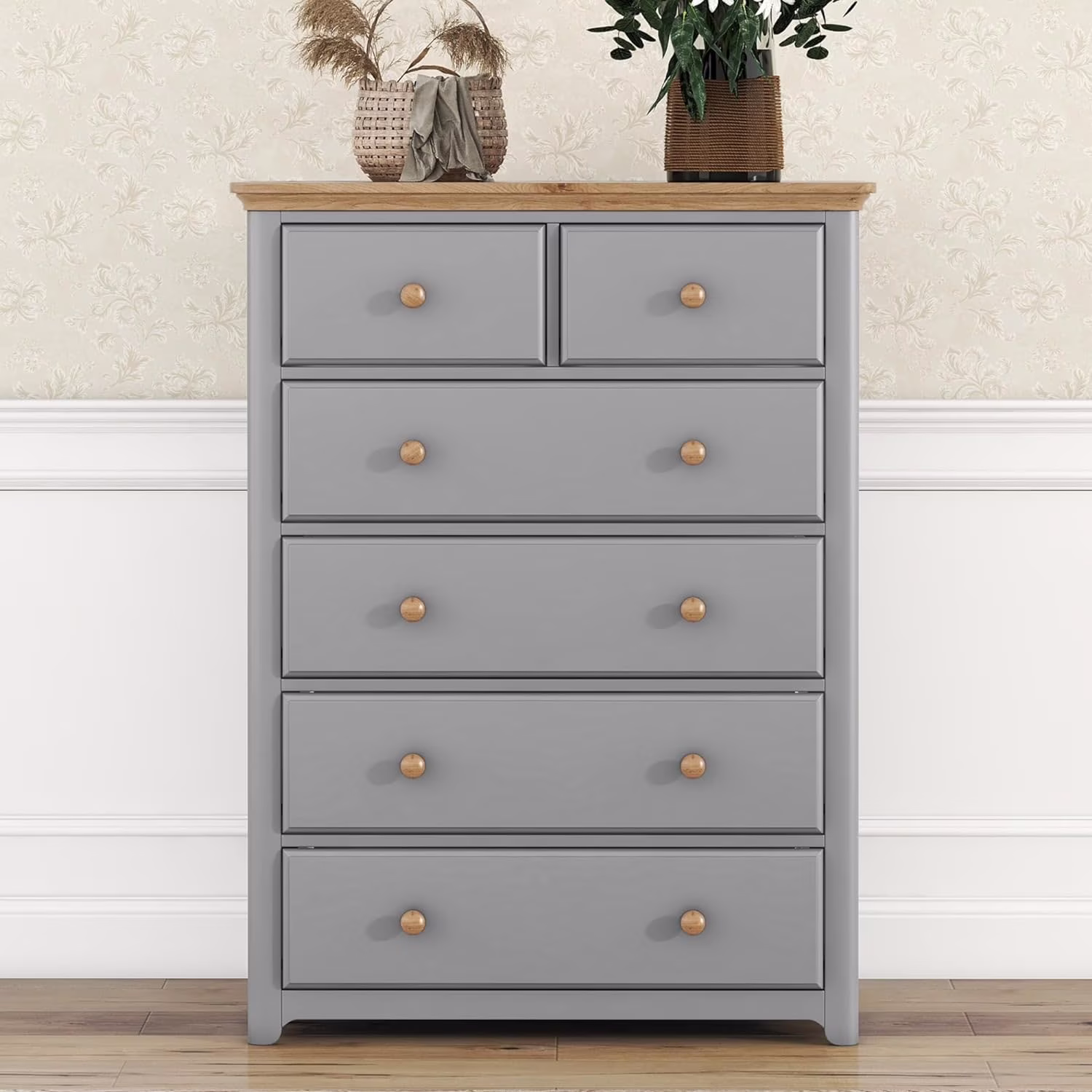 Rustic 6 Drawers Storage Chest For Bedroom, Solid Wood Chest Of Drawers With Hooded Pulls, Storage Cabinet With Tapered Wood Legs For Living Room Hallway Entryway,Gray+Natrual