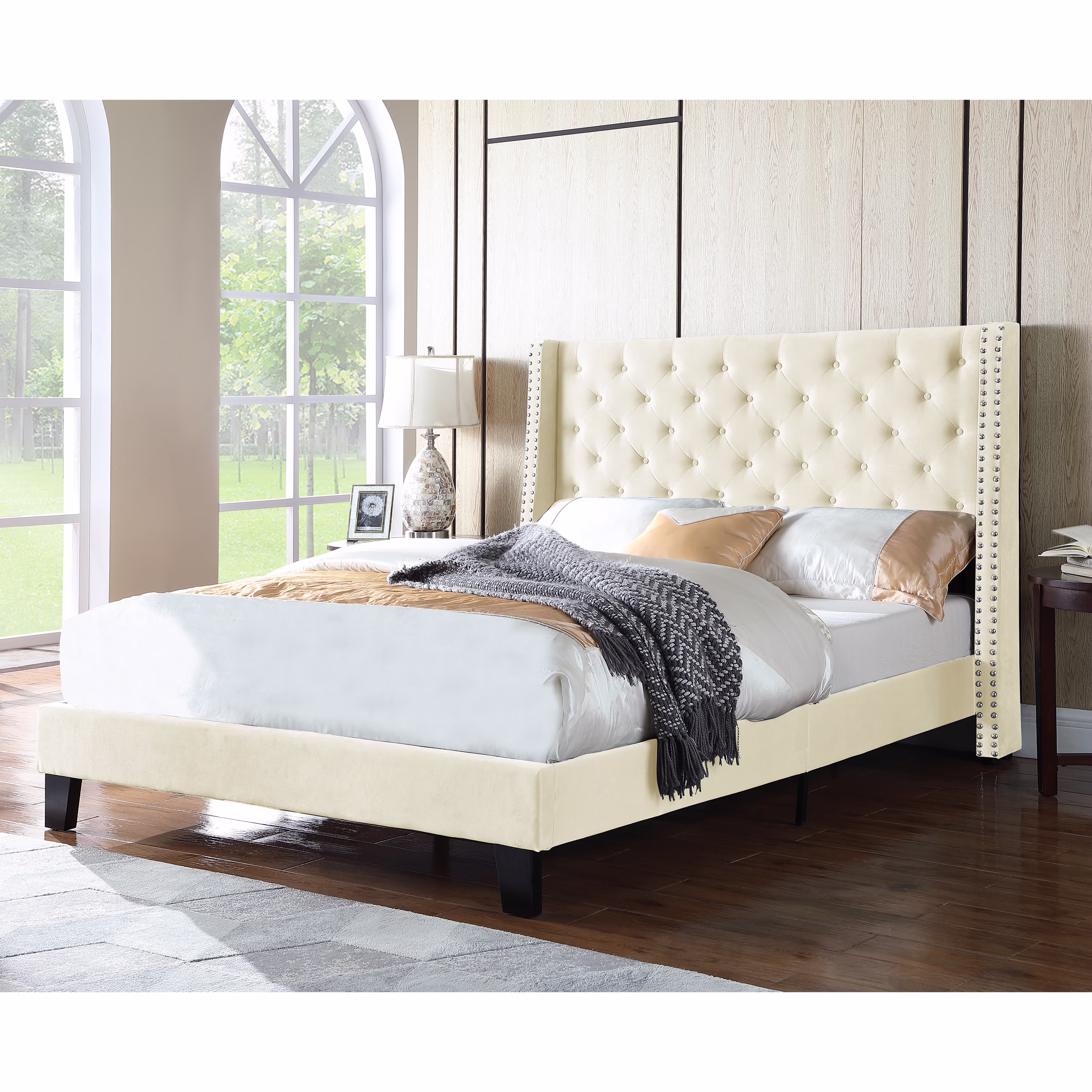 AC Pacific Modern Polyester Beige Queen Platform Bed with Nailhead Trim