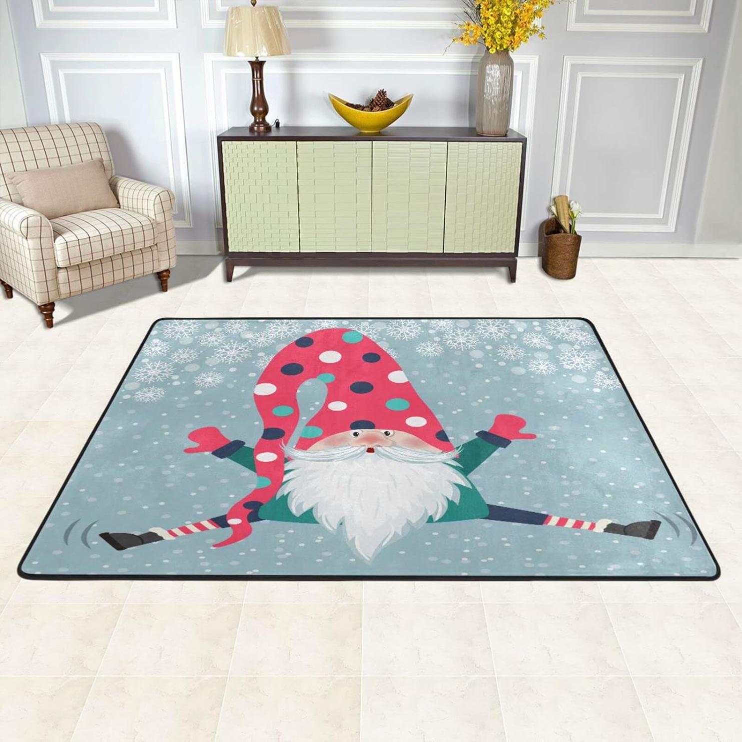 Bestwell Winter Gnome Jump Non-Slip Area Rug, Snowflakes Floor Carpet, Comfort Soft Floor Mats Decor for Indoor Front Porch,Living Room, Bedroom,Kitchen, 36×24 inch