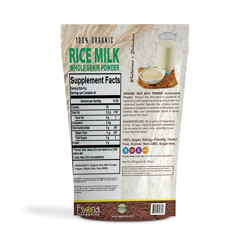 Raw Organic Rice Milk Powder from Essona Organics. Convenient re-sealable pouch. Now Larger 240 grams size, 33 % More.