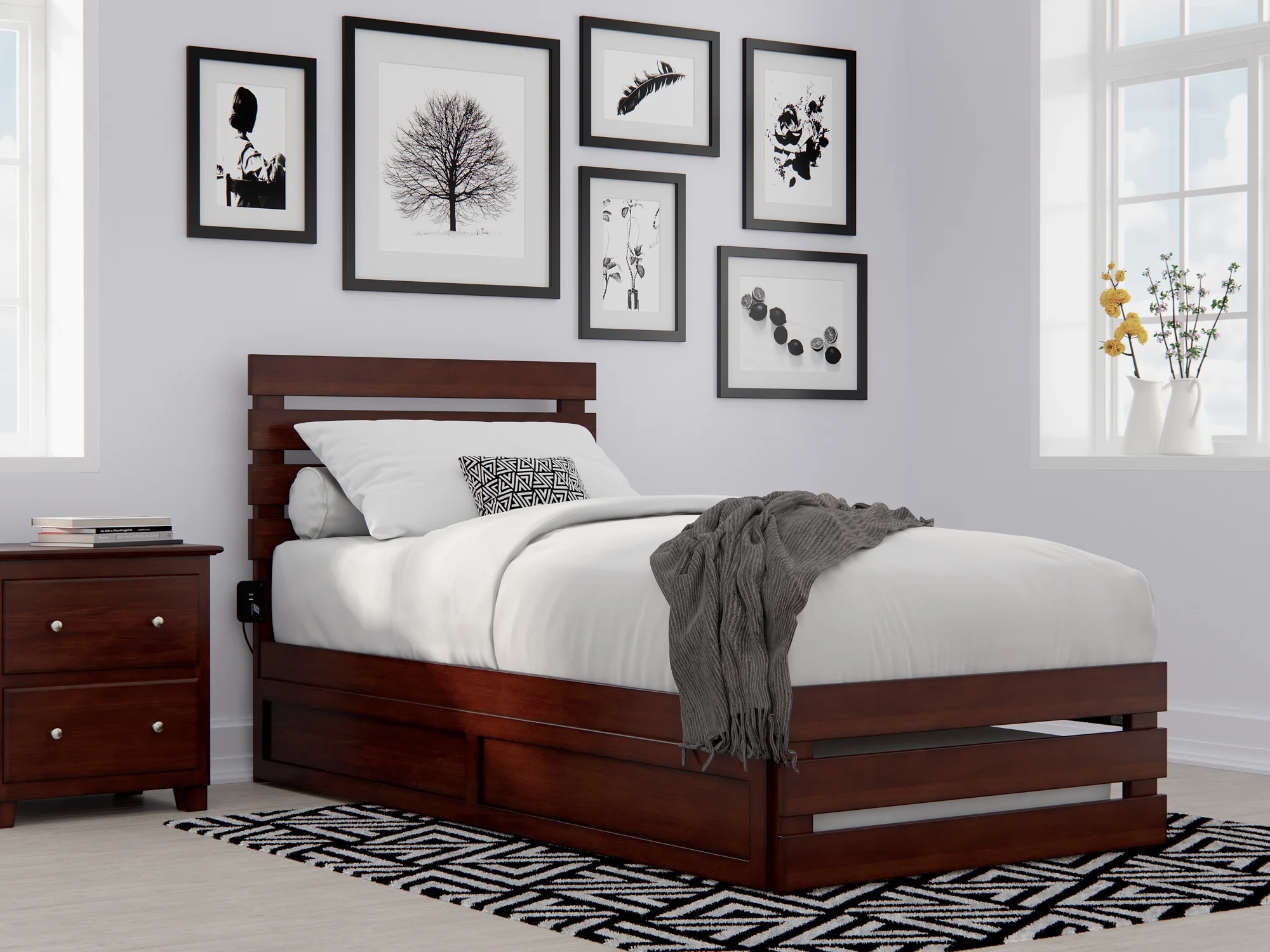 Oxford Twin Extra Long Bed with Footboard and USB Turbo Charger with Twin Extra Long Trundle in Walnut