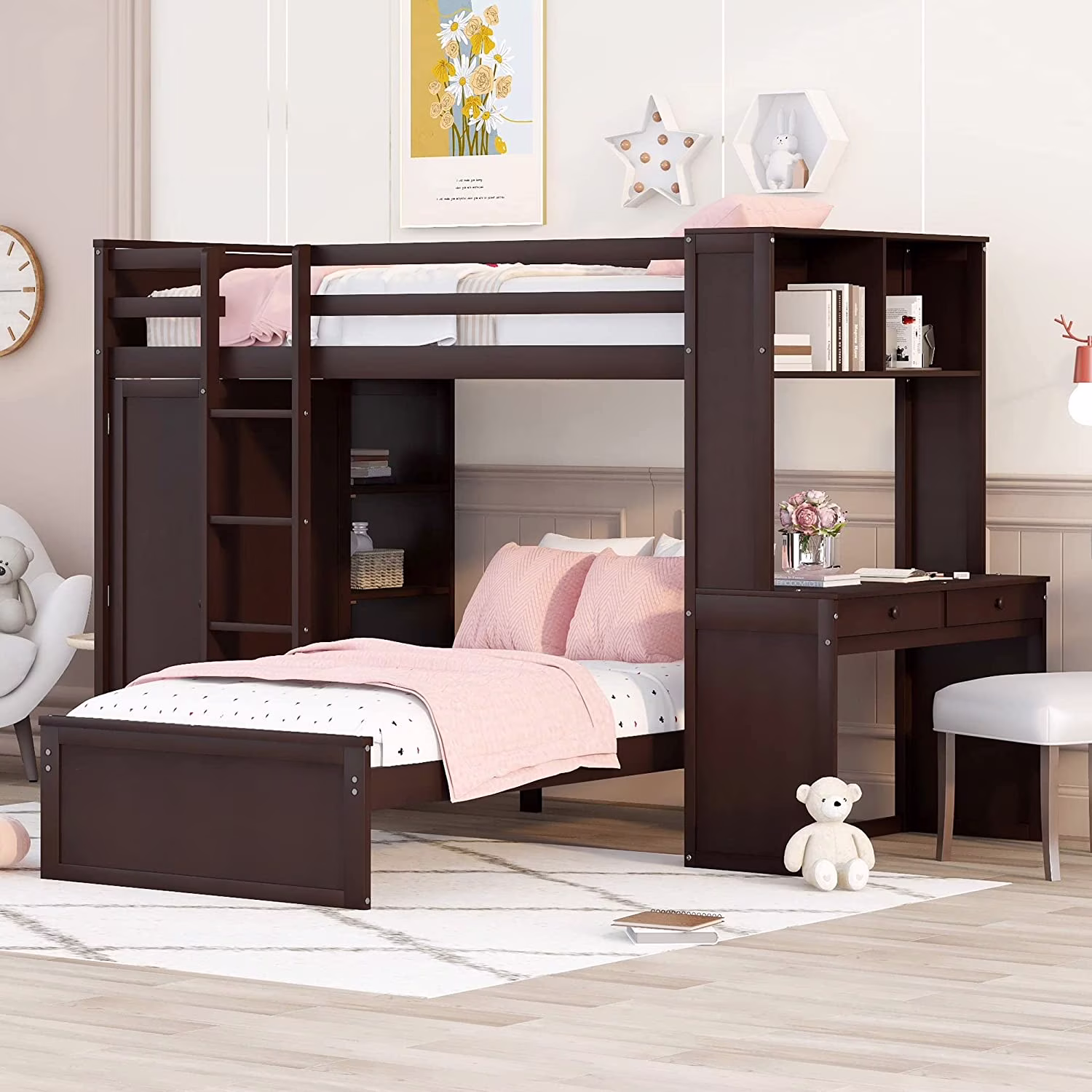 Over Bunk Beds With Desk And Drawers , Wooden Size Loft Bed With Removable Bed , Wardrobe And Shelves , Storage Bunk Bed With Ladder & Guardrails For Kids Girls Boys , Espresso
