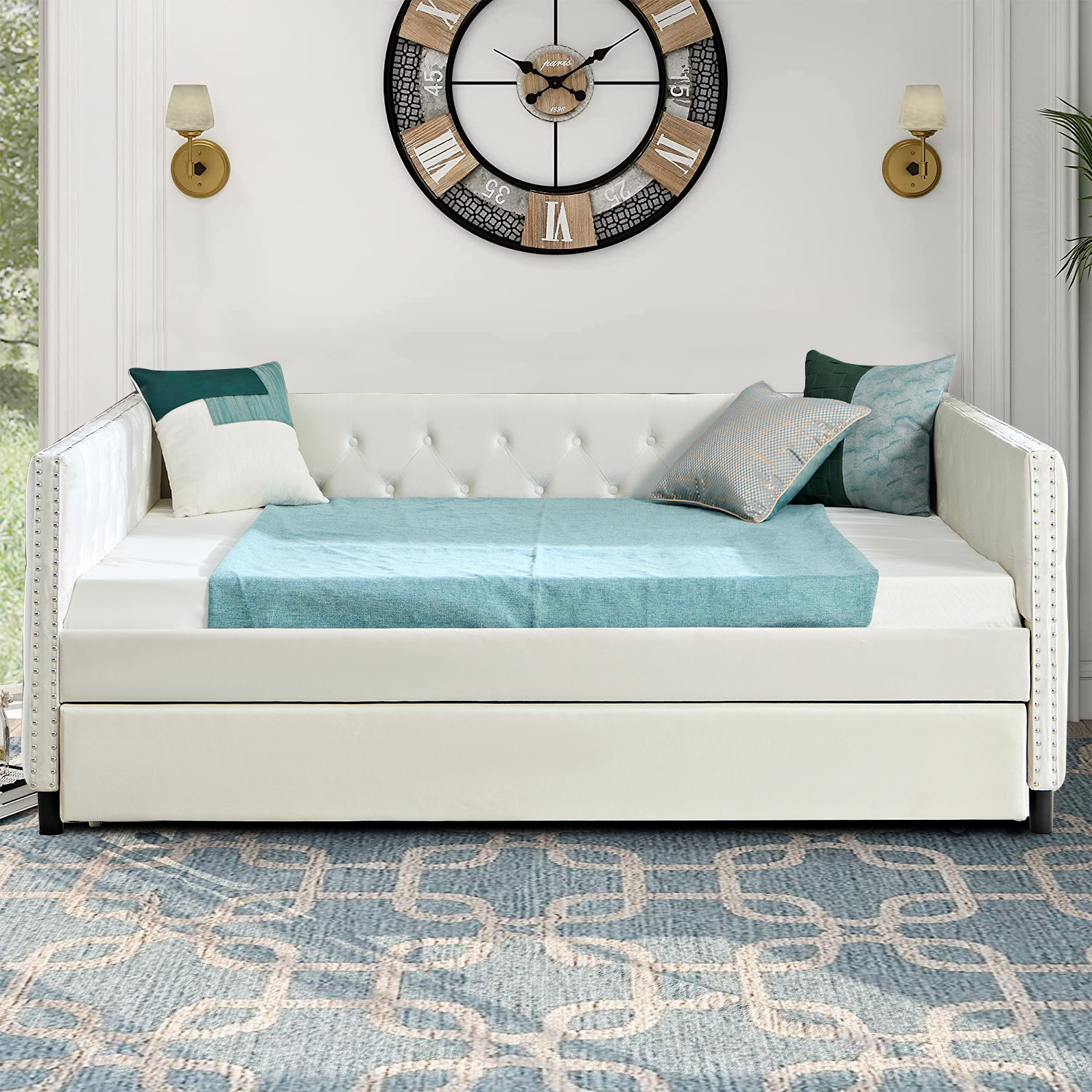 Elegant and Comfortable Full Size Velvet Fabric Button-Tufted Upholstered Daybed with A Trundle and Rivet Decor, Beige