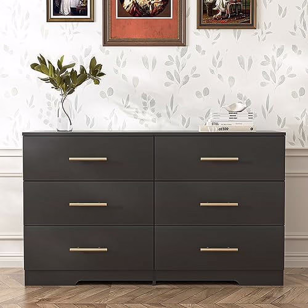 RUNFAYBIU Black Dresser for Bedroom  6 Drawer Dresser  Chest of Drawers & Dresser Wide Wood Dresser TV Stand Dresser for Bedroom