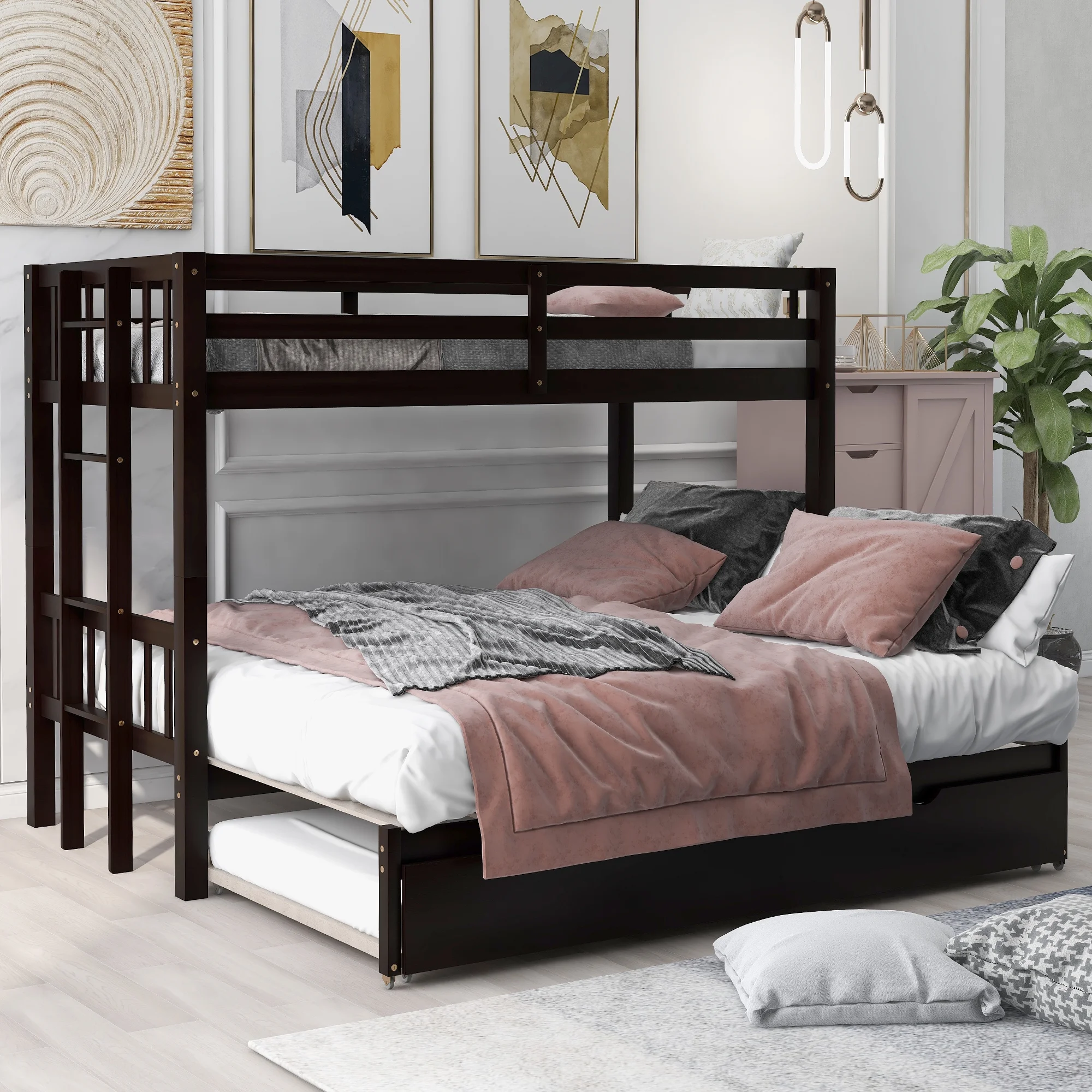 Bunk Bed with Trundle for Kids Adult Twin over Pull-Out Bunk Bed with Trundle Solid Wood Trundle Bed with Rails